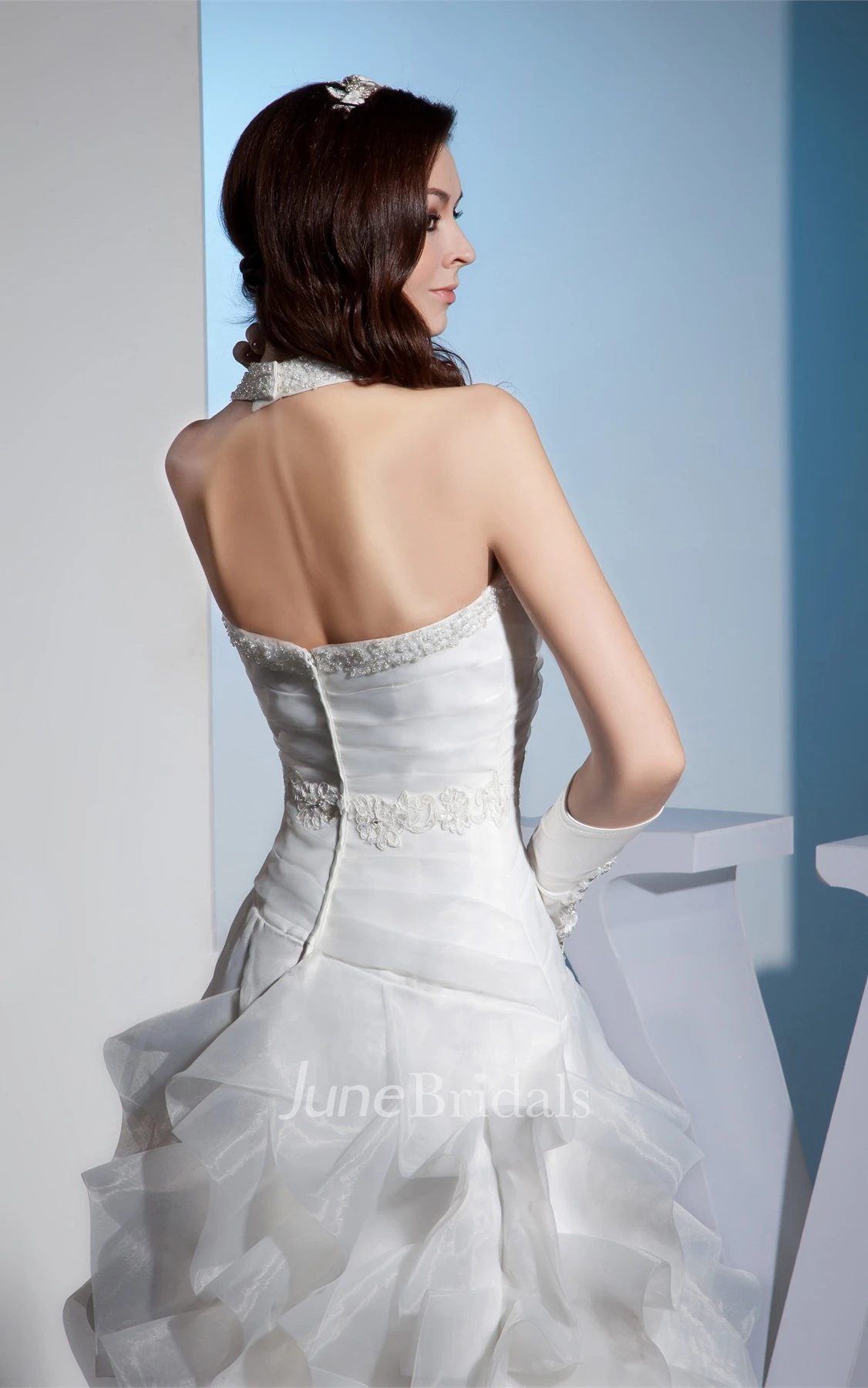 Ruched Sweetheart Tiered Ball Gown with Appliques and Beaded Halter