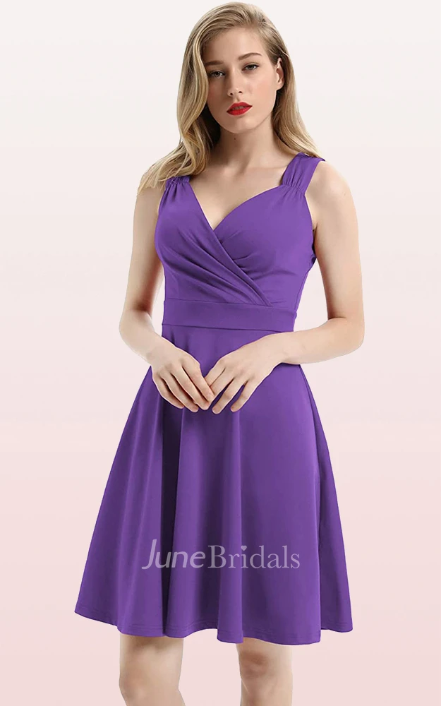 A Line V-neck Jersey Sleeveless Prom Cocktail Dress With Ruffles