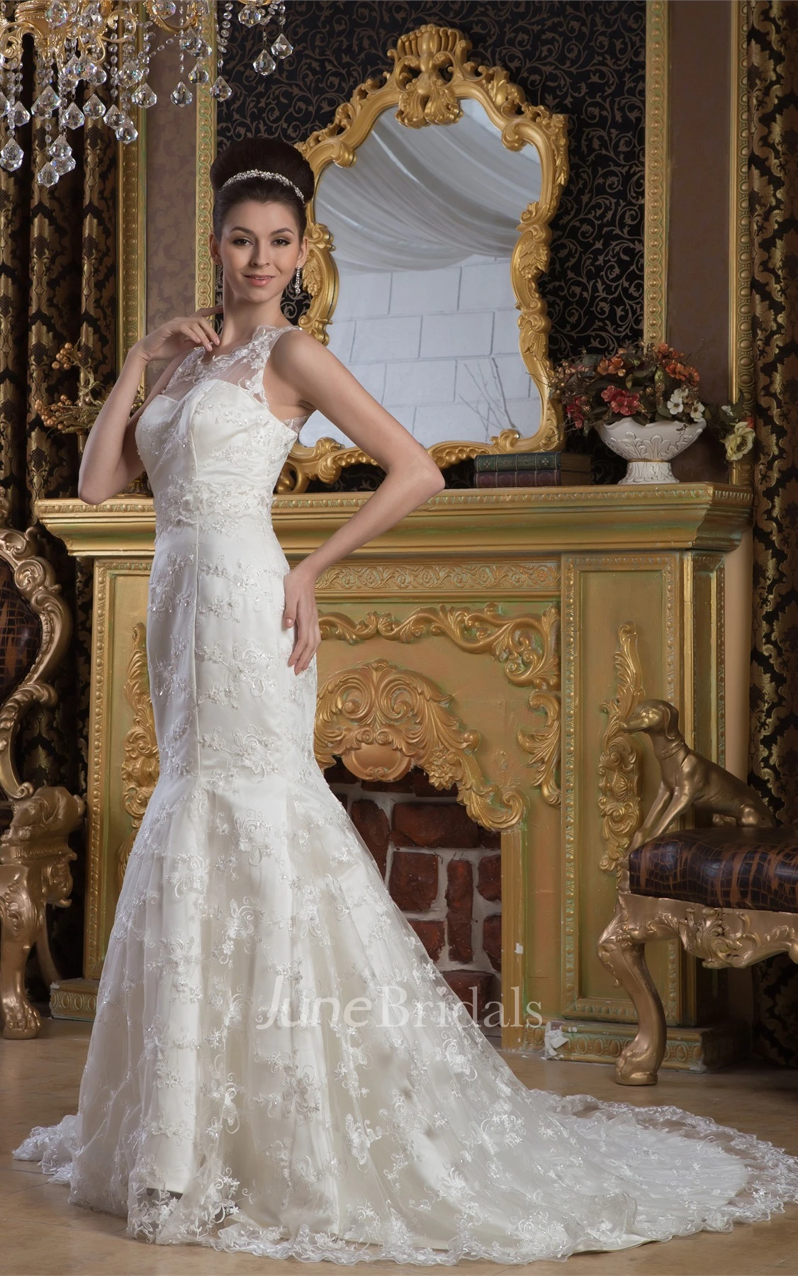 Sleeveless Mermaid Lace Dress with Illusion Neckline