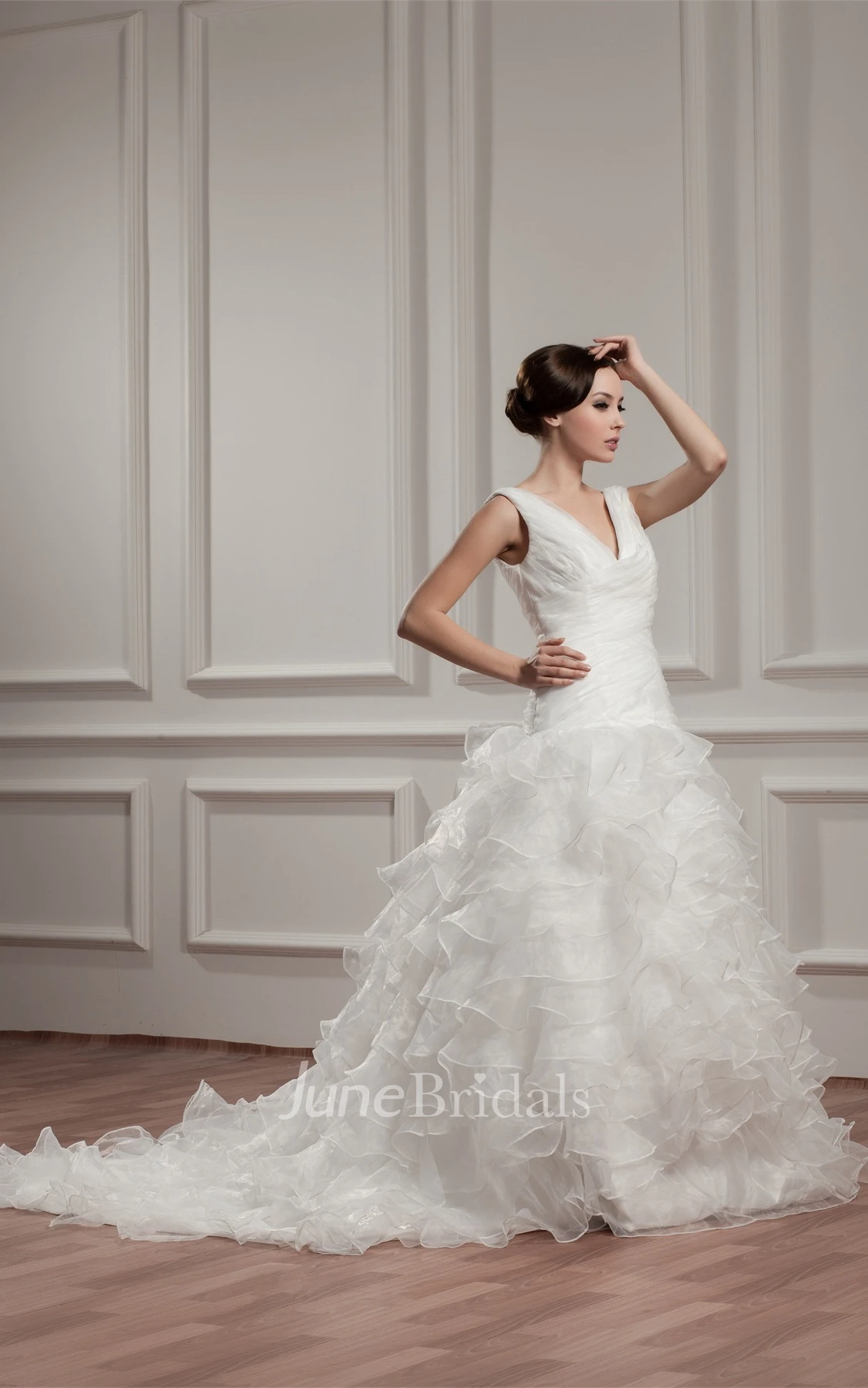 Plunged Sleeveless Ruffled Gown with Tiers and Court Train