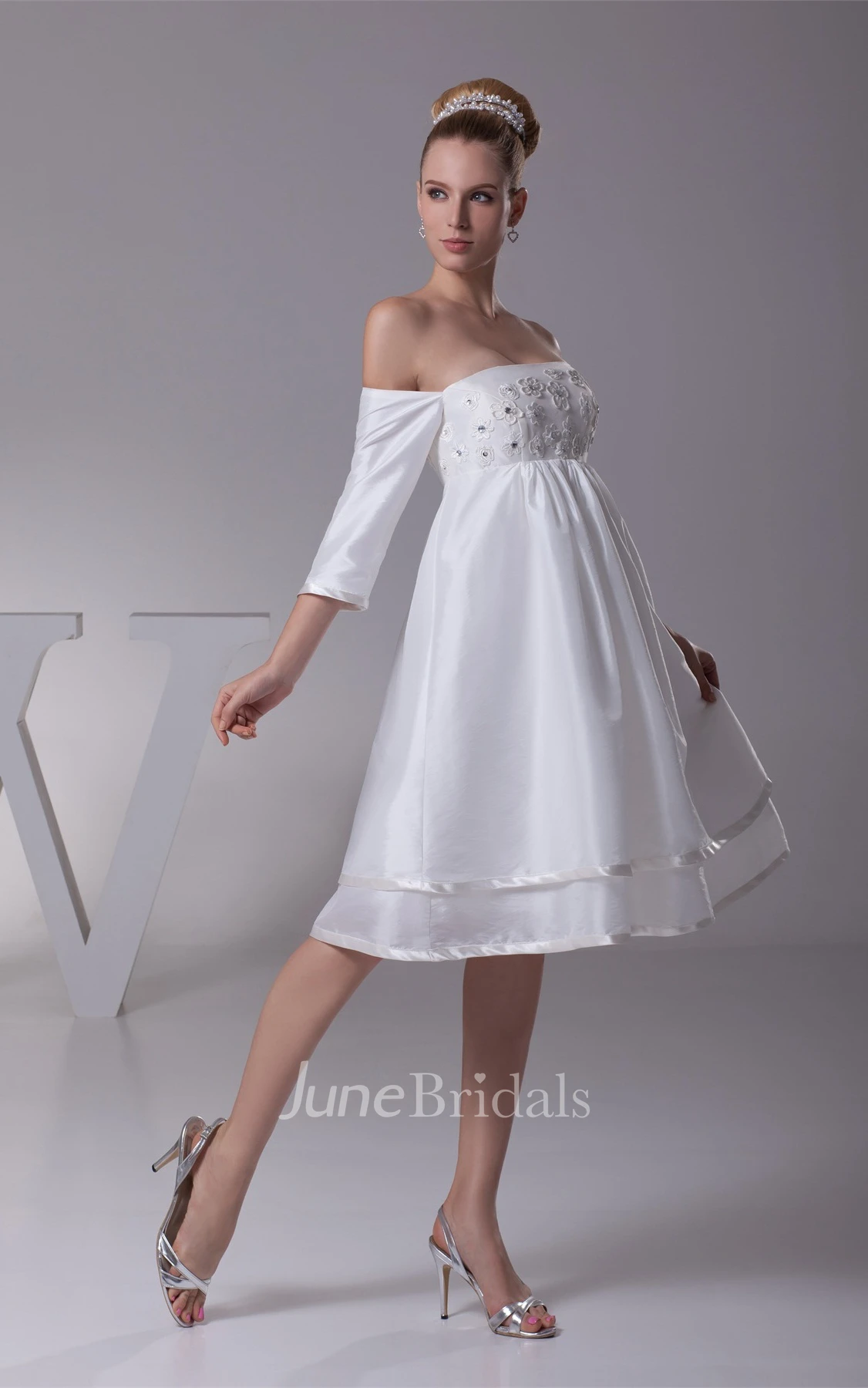 Off-The-Shoulder Empire Mini Dress with Flower and Pleats