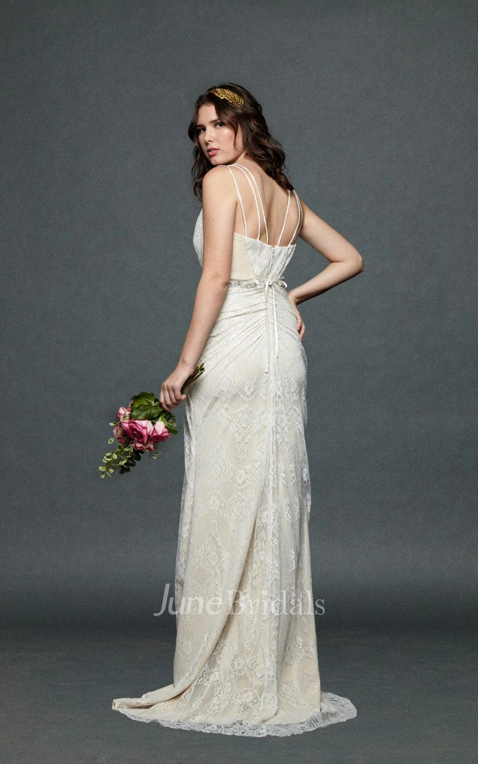 Spaghetti Strapped V-Neck Lace Weddig Dress