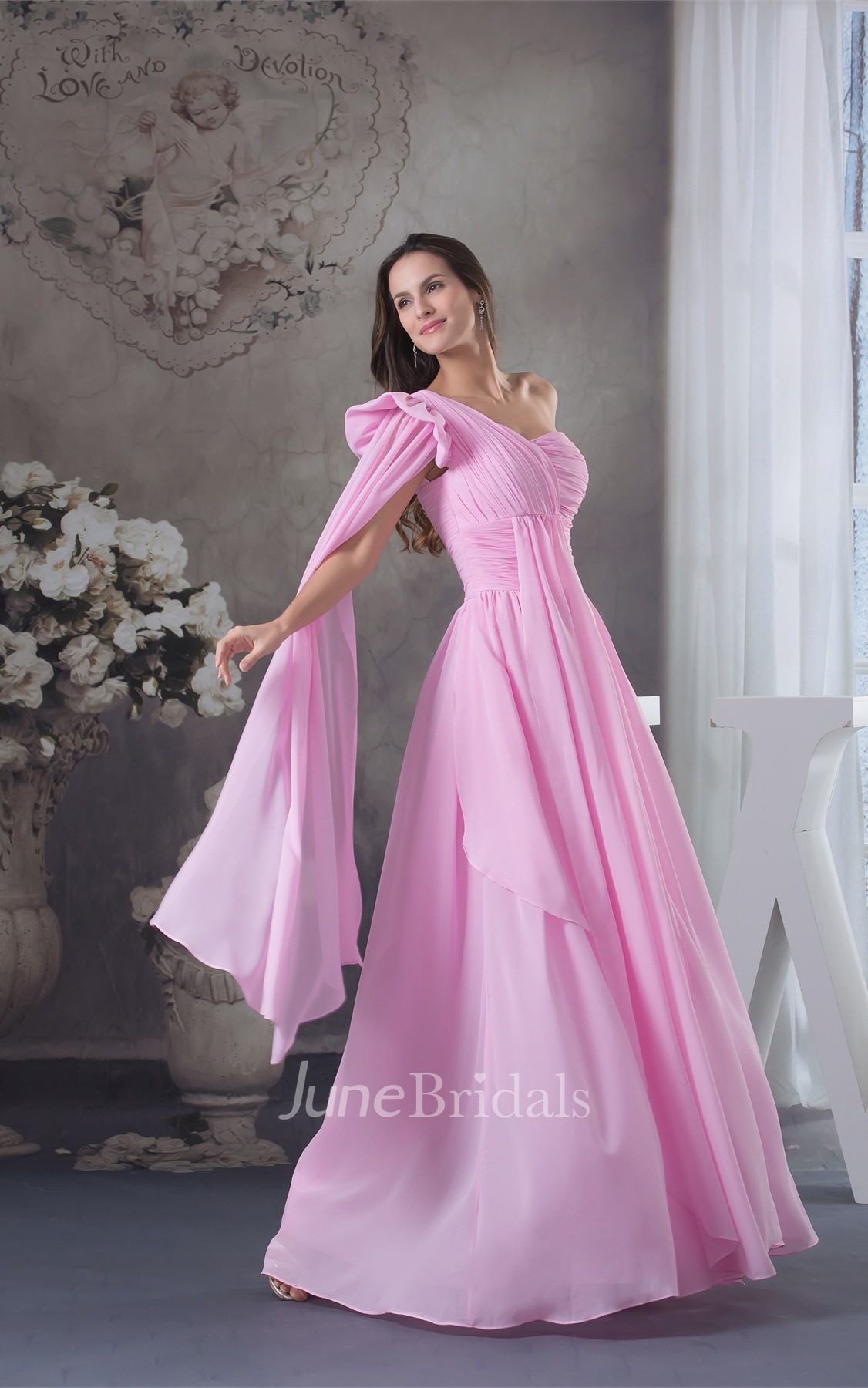 Pastel Asymmetrical Chiffon Dress with Ruching and Pleats - June
