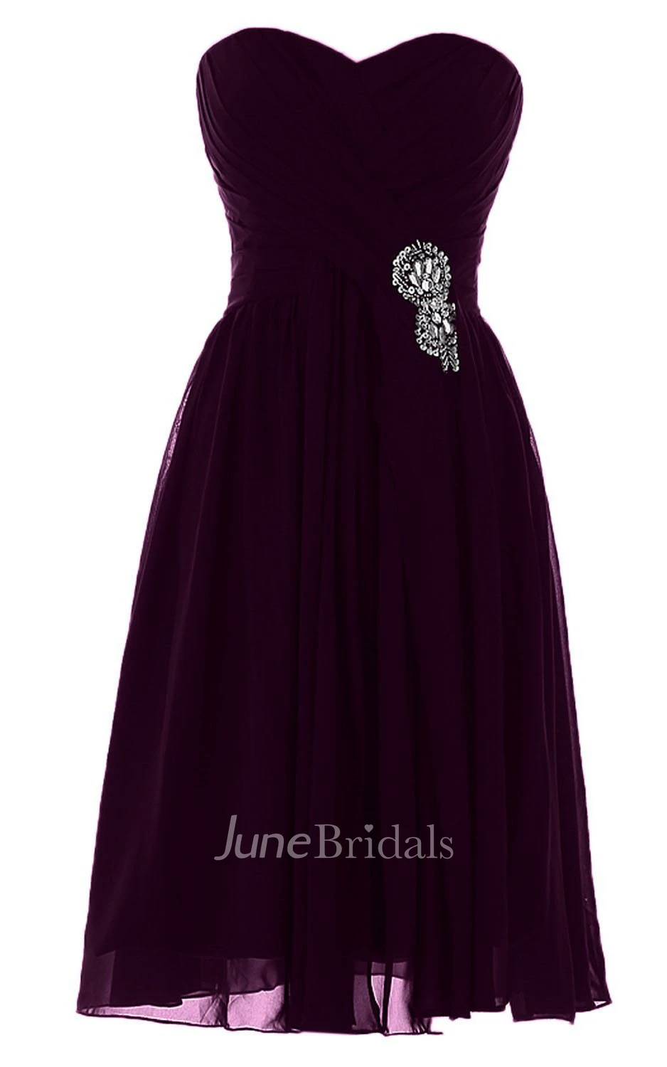 Sweetheart Knee-length Pleated Chiffon Dress With Crystal Stones