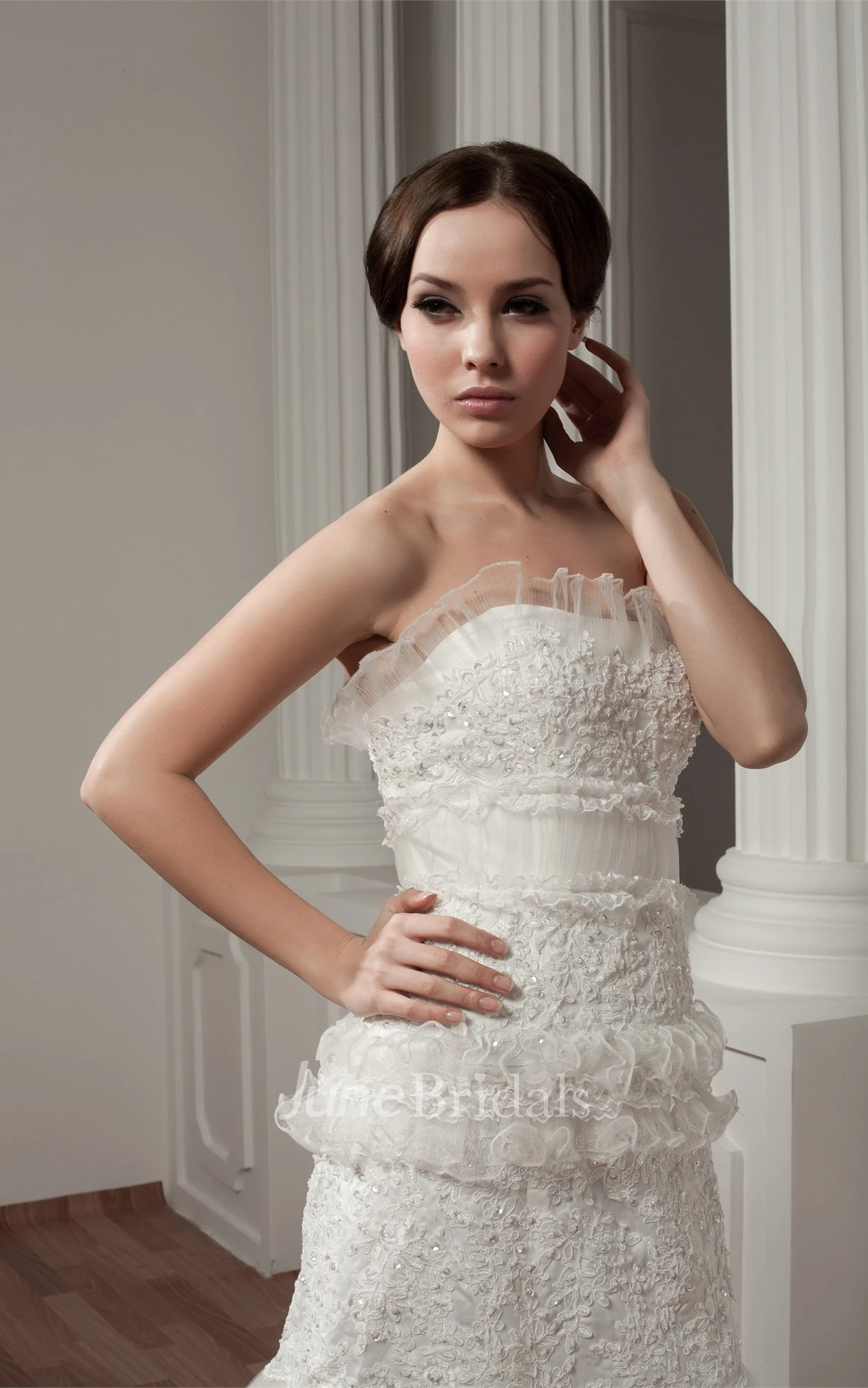 Strapless A-Line Ruffled Gown with Appliques and Peplum