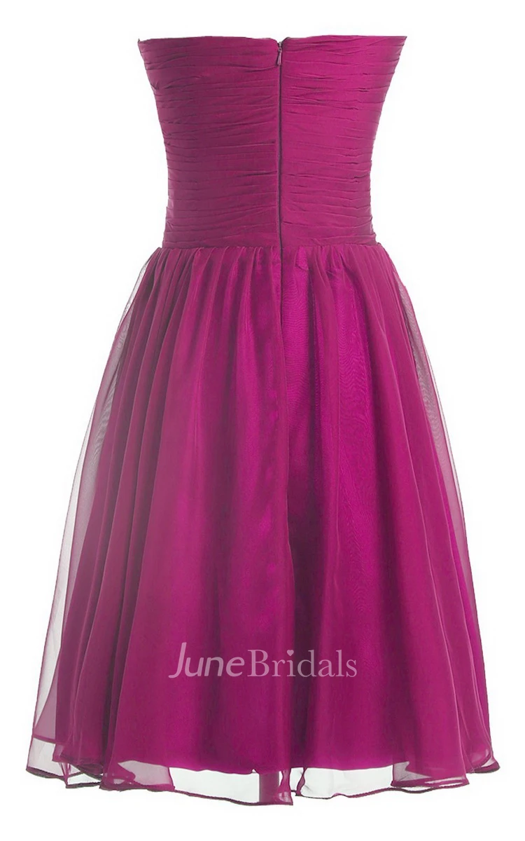 Strapless Pleat and Ruched A-line Dress With Leaf Print