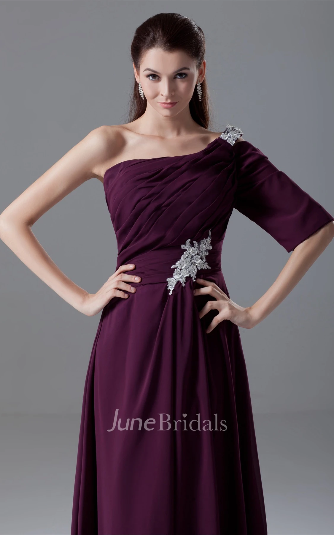 One-Shoulder Chiffon Maxi Dress with Appliques and Sweep Train