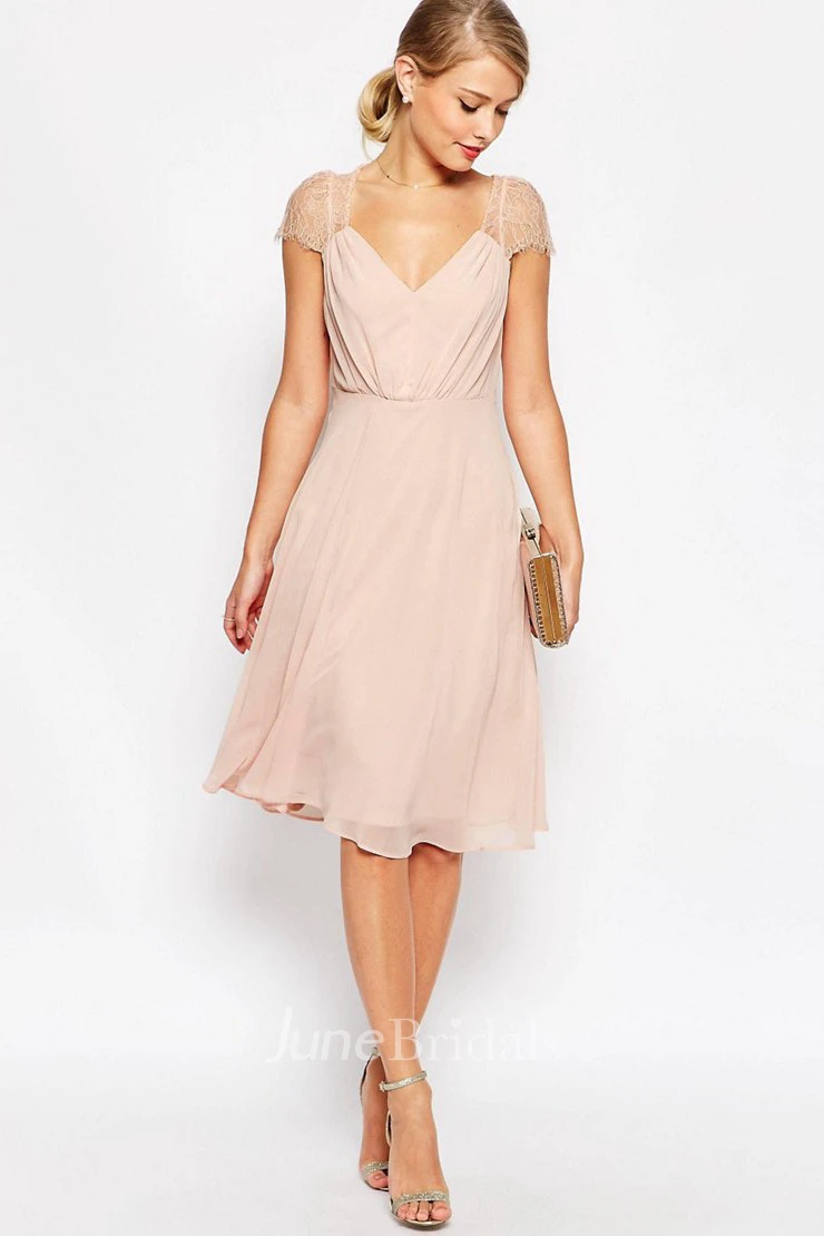 A-line Cap-sleeve Chiffon Dress With Ruching