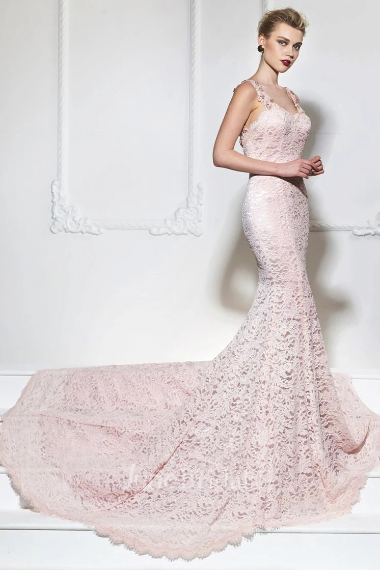Sexy Mermaid Lace Gown With Floral Appliqued Straps And Open Back