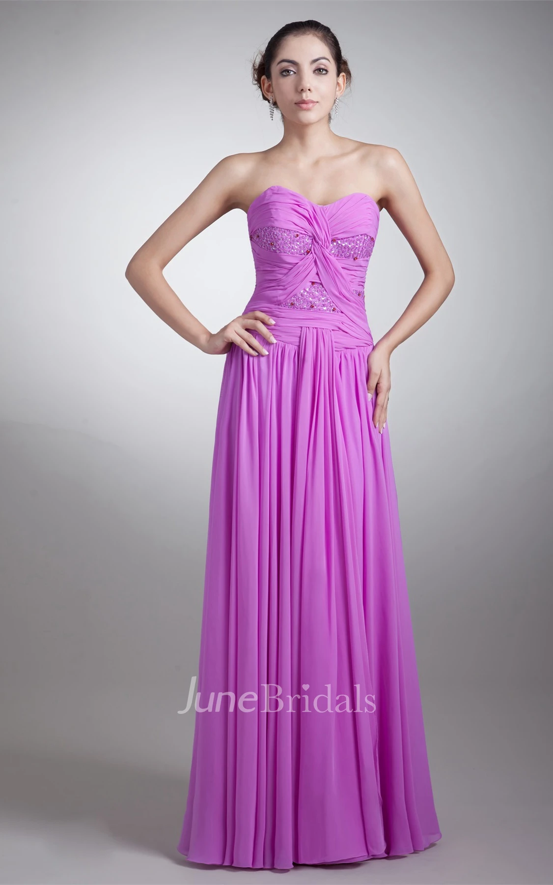 chiffon floor-length beaded dress with pleats and ruching