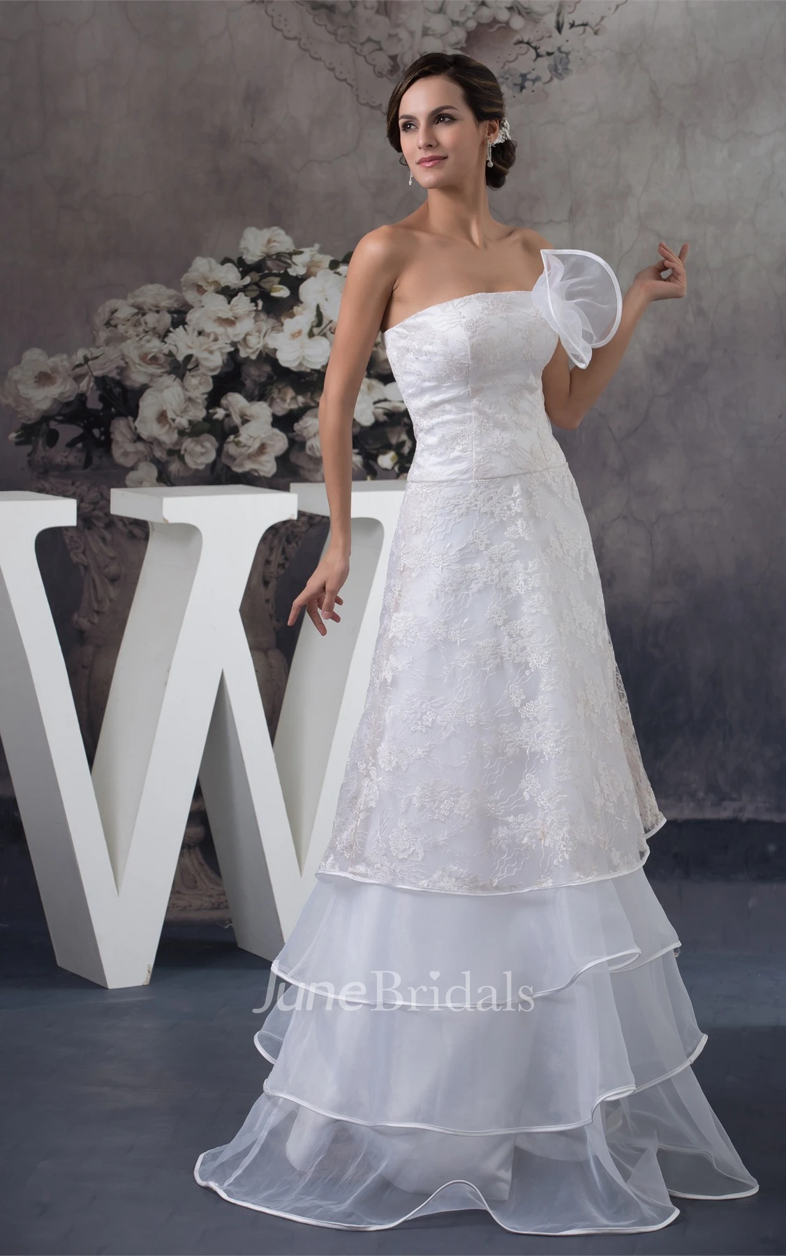 Strapless Ruched A-Line Gown with Appliques and Flower