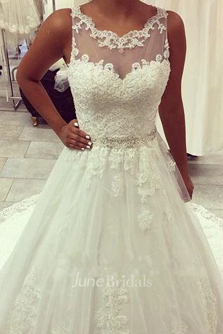 Elegant Illusion Tulle Lace Appliques Wedding Dress Zipper Button Back