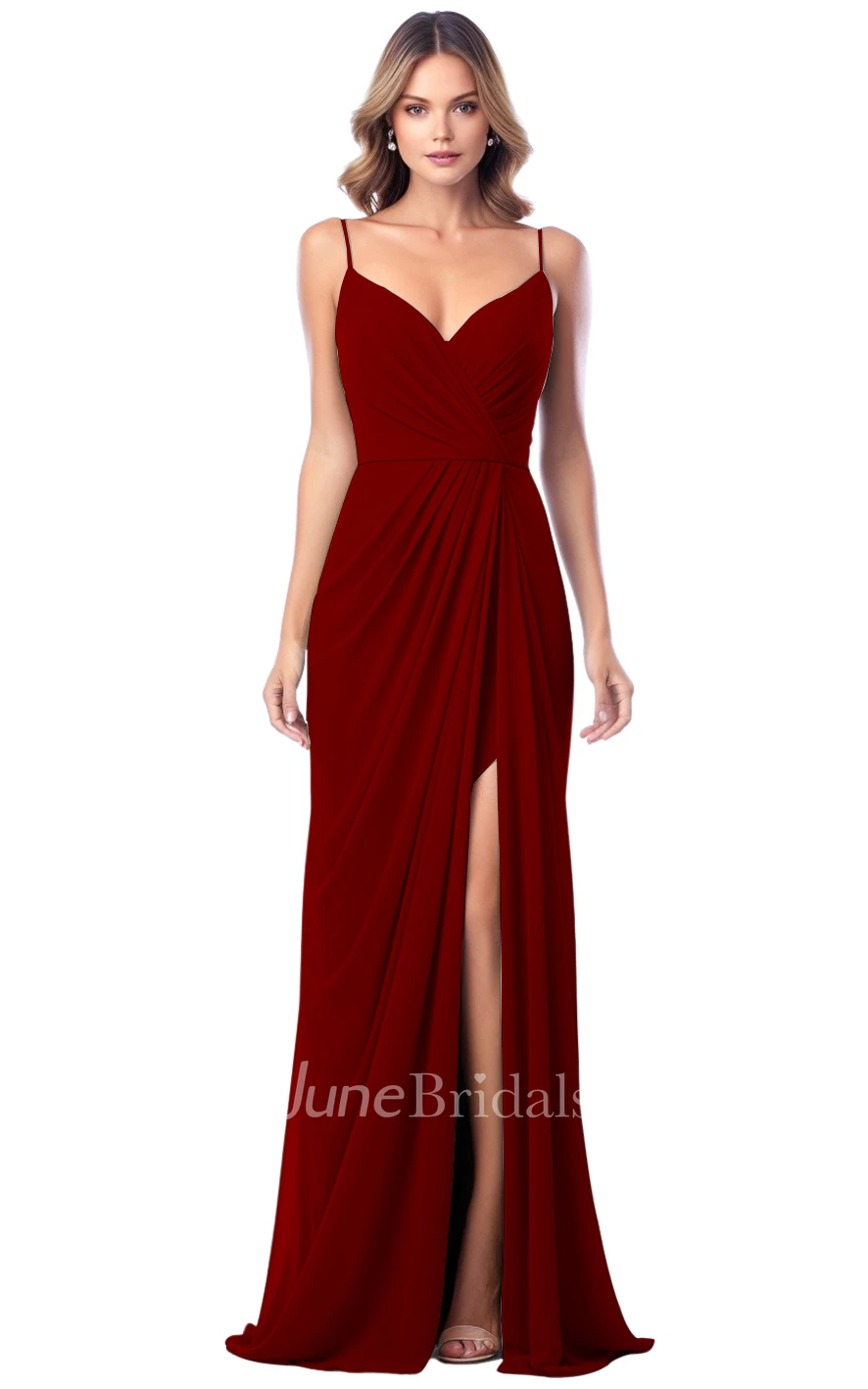 Simple A-Line Spaghetti V-neck Satin Bridesmaid Dress with Split Front