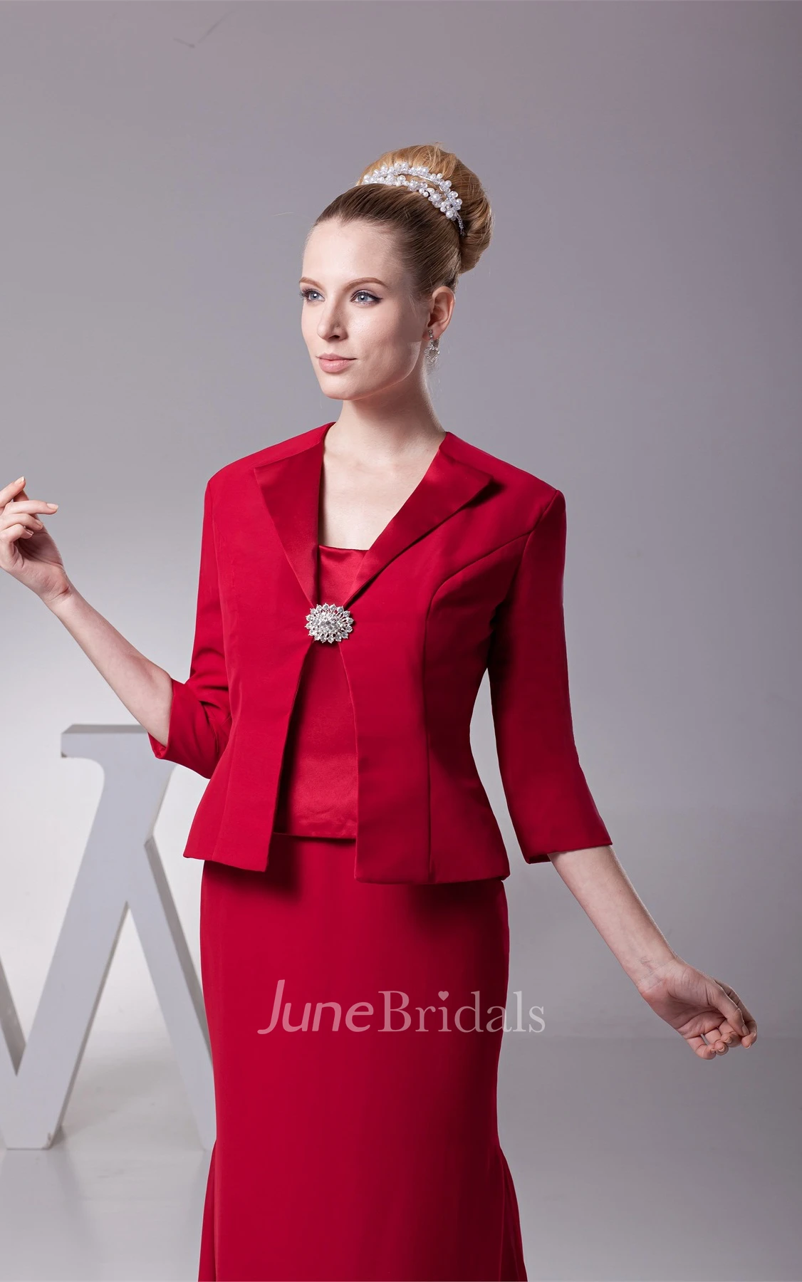 Classic Sheath Floor-Length Dress with Broach and Jacket