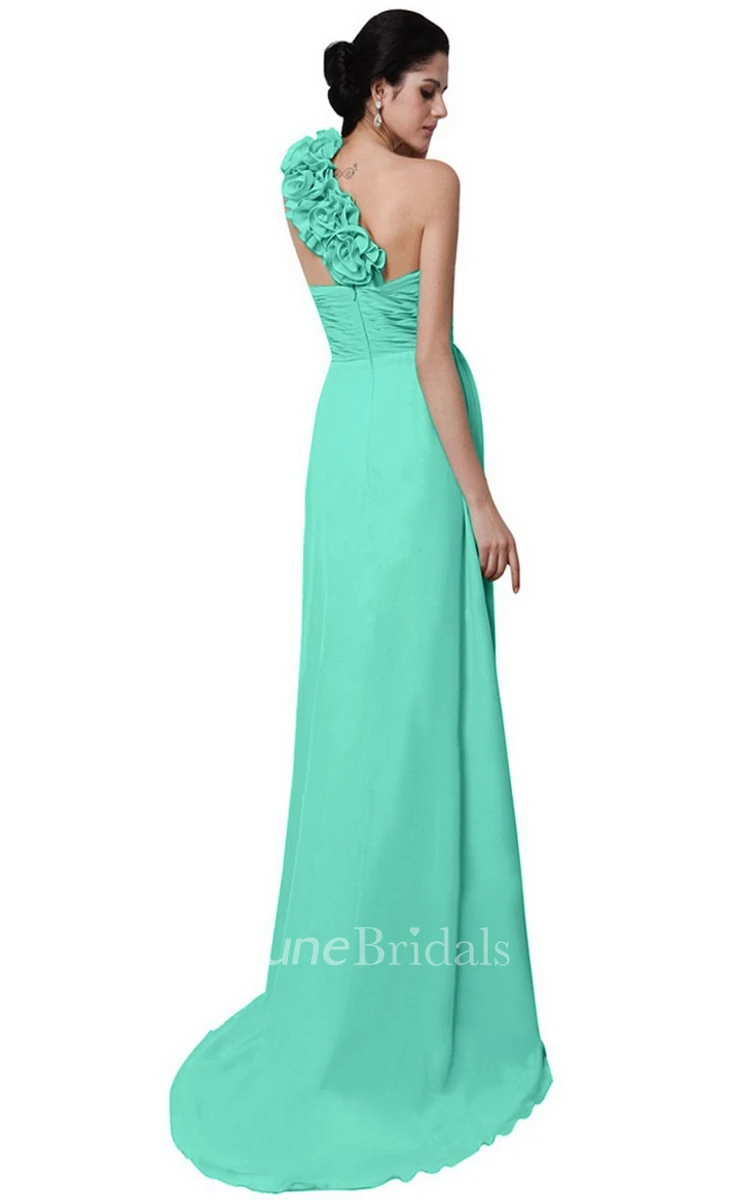 One-shoulder Long Chiffon Dress With Flowers