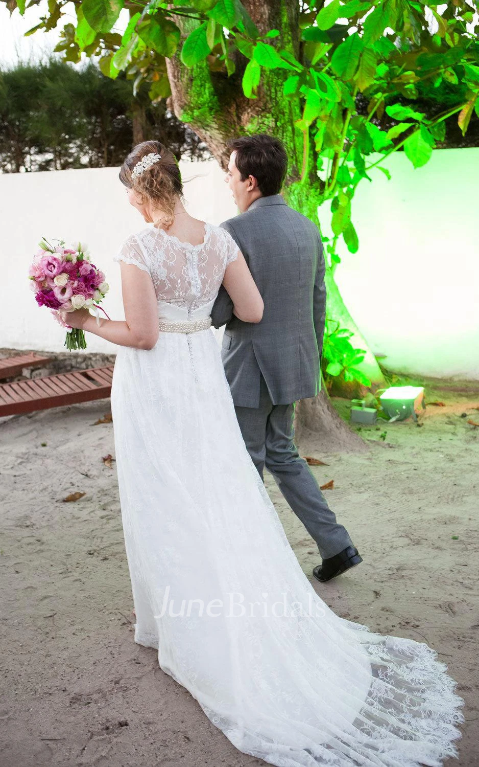 V-Neck Cap Illusion Back Lace Wedding Dress With Pleats And Sash