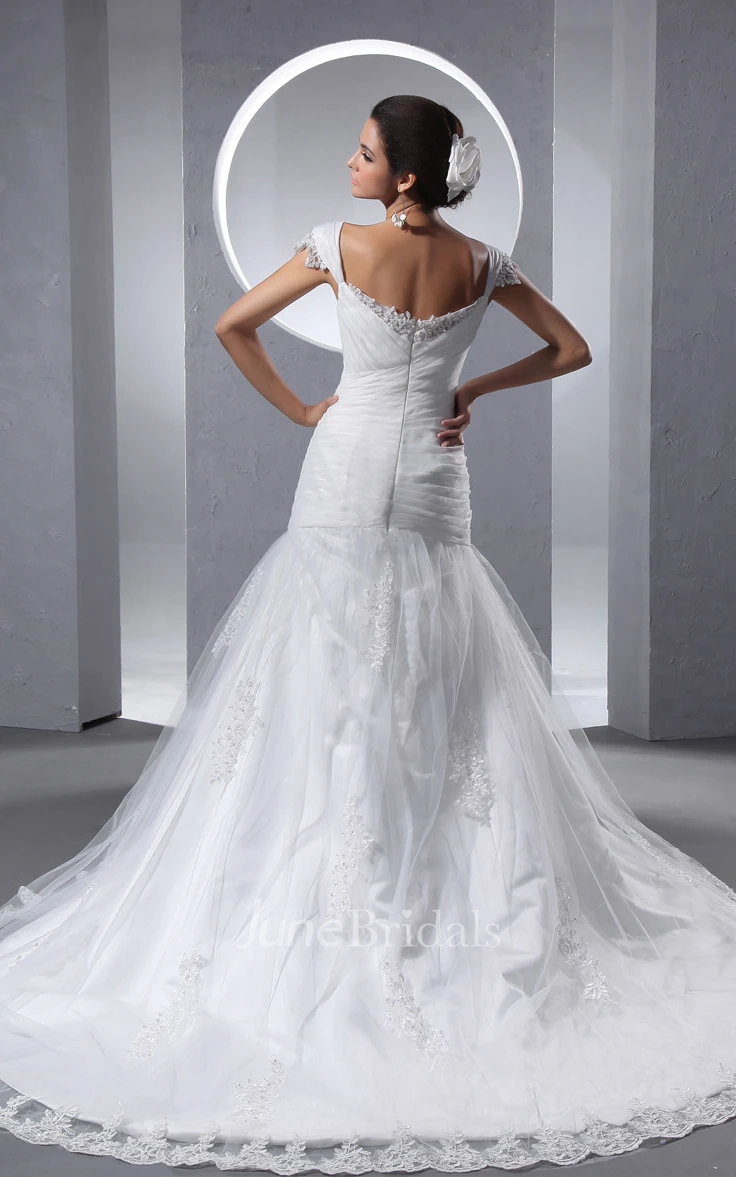 Criss-Cross A-Line Anne Ruching Queen Anne Dress With Soft Tulle