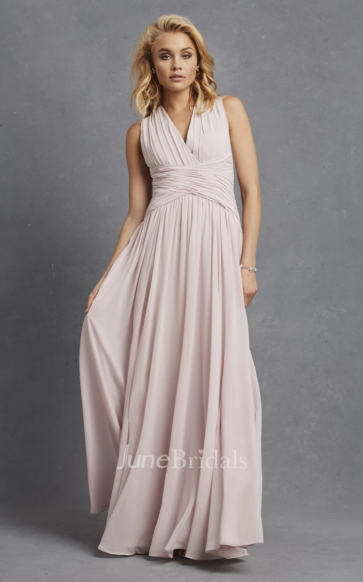 Sleeveless Chiffon V-Neck Dress With Crisscross Ruching