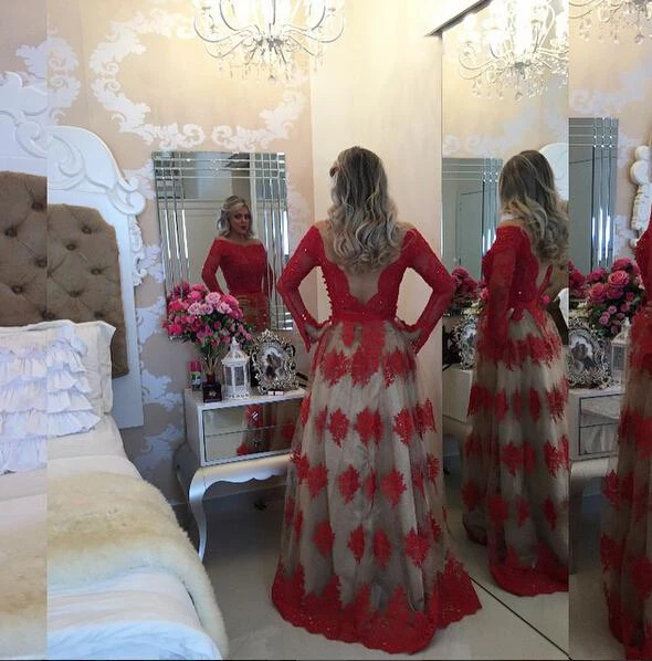 Modern Off-the-shoulder Red Prom Dress Lace Long Sleeve