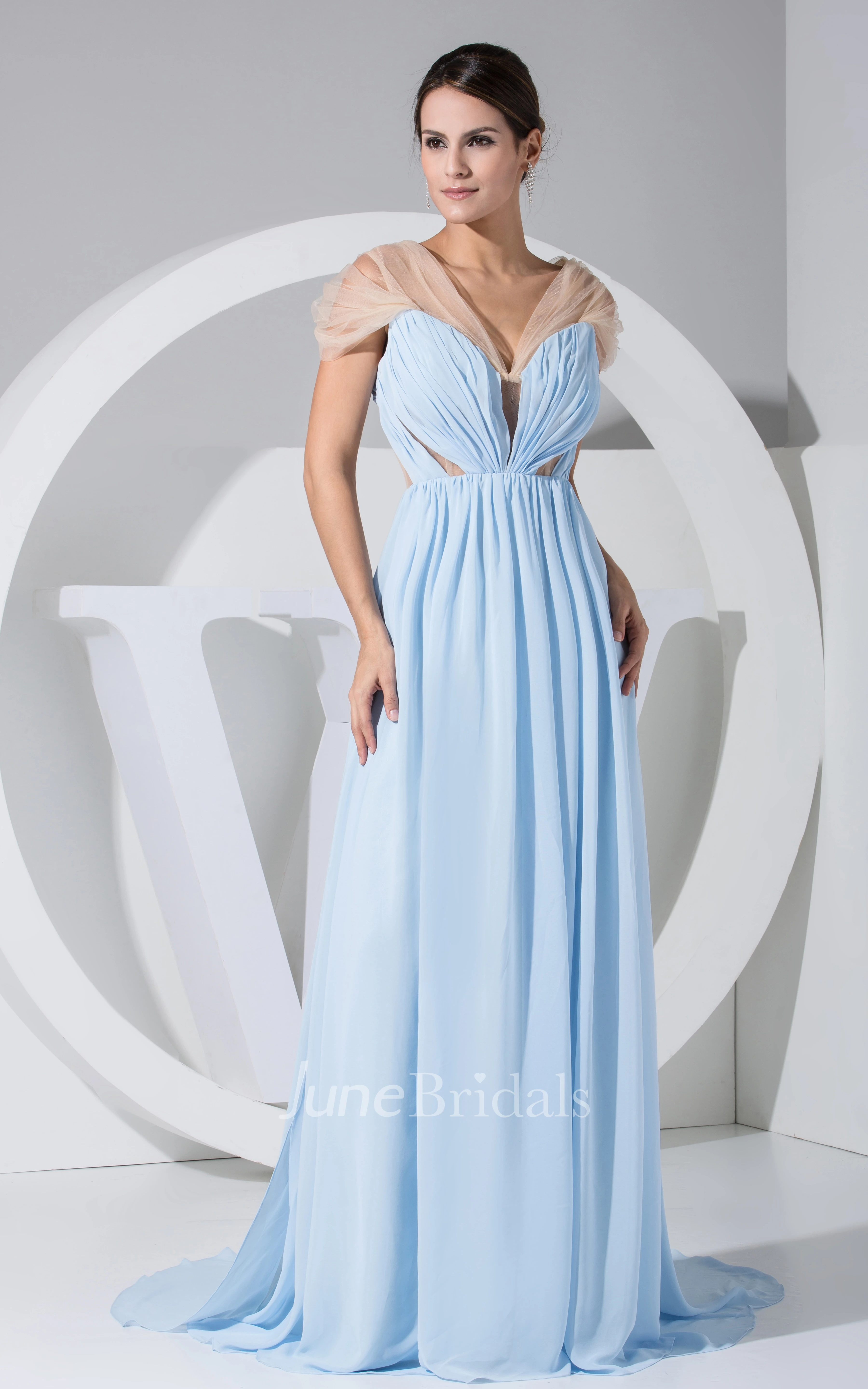 Chiffon Ruched Empire Dress With Brush Train