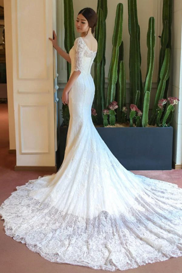 Off-the-shoulder Half Sleeve Mermaid Brush Train Lace Ivory Wedding Dress