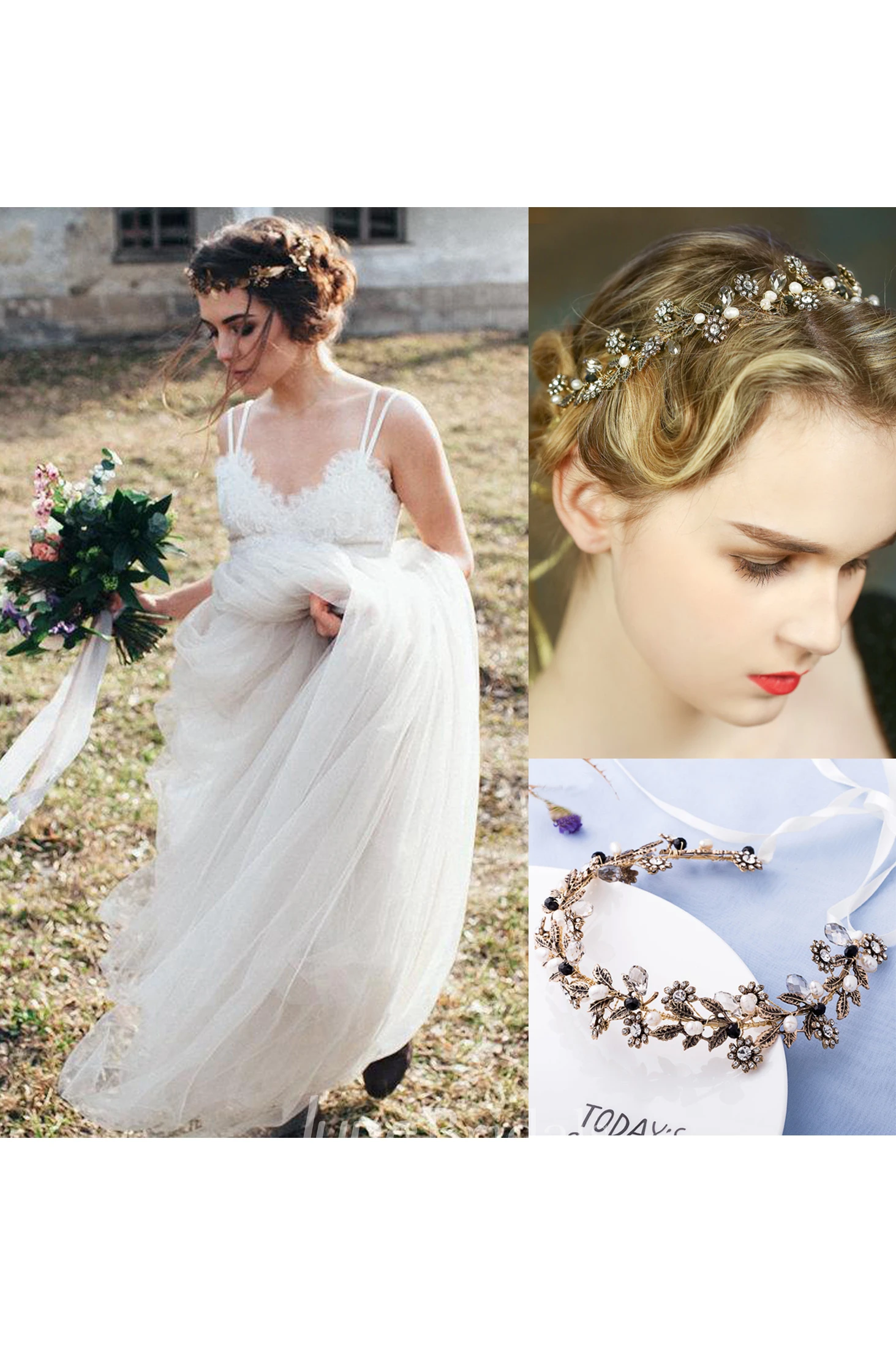 Romantic Long A-Line Tulle Wedding Dress and Vintage Diamond Crystal Pearl Gold Hair Band