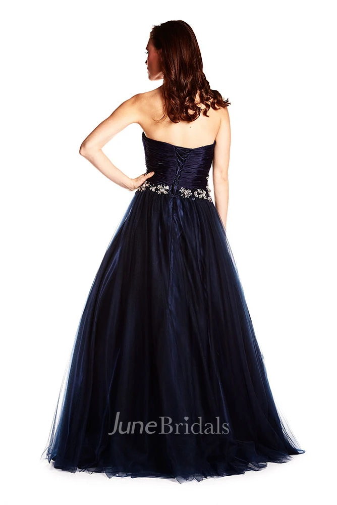 A-Line Criss-Cross Sweetheart Sleeveless Long Satin Prom Dress With Bow And Waist Jewellery
