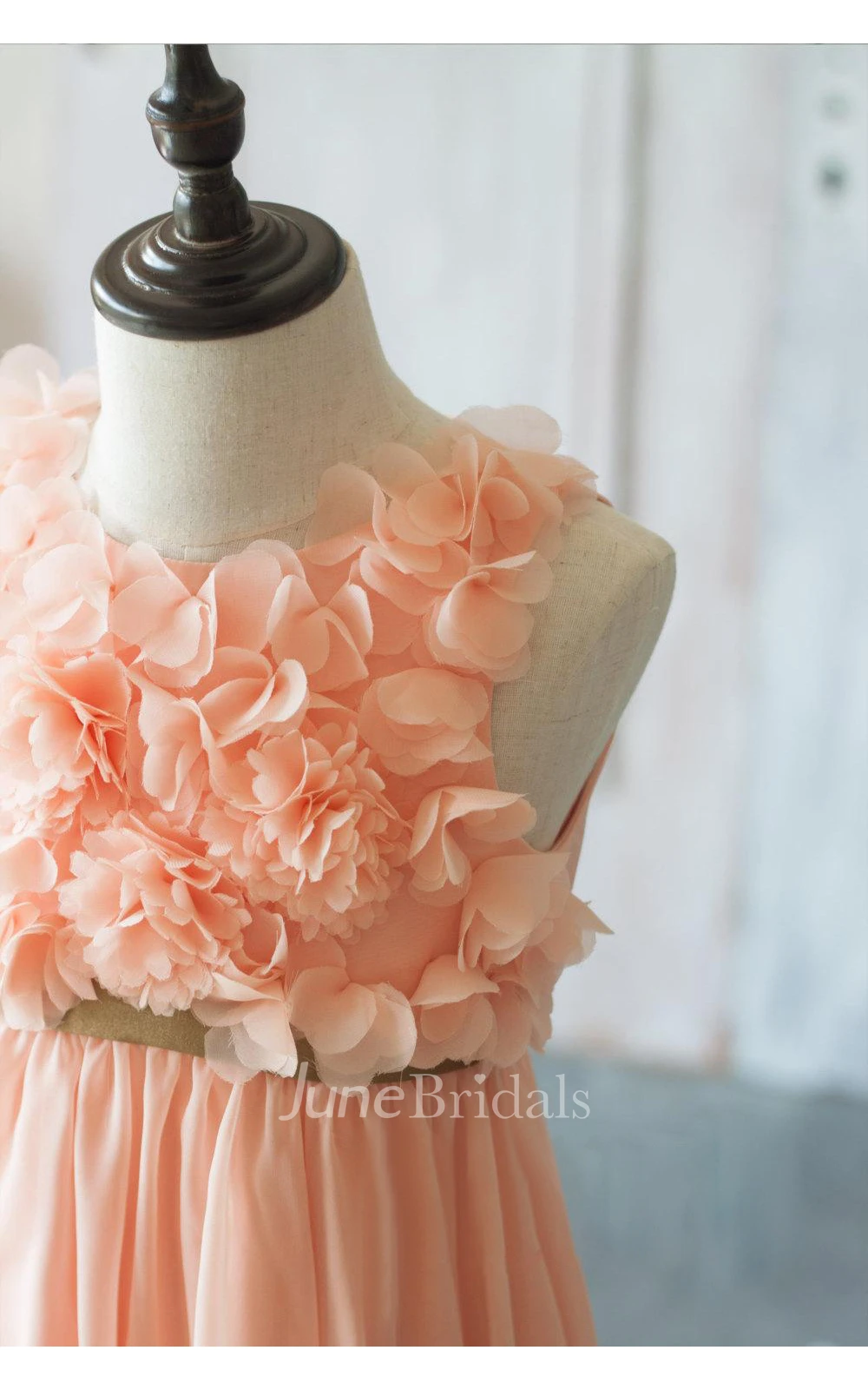 Peach Empire Waist Pleated A-line Chiffon Rosette Dress With Gold Belt