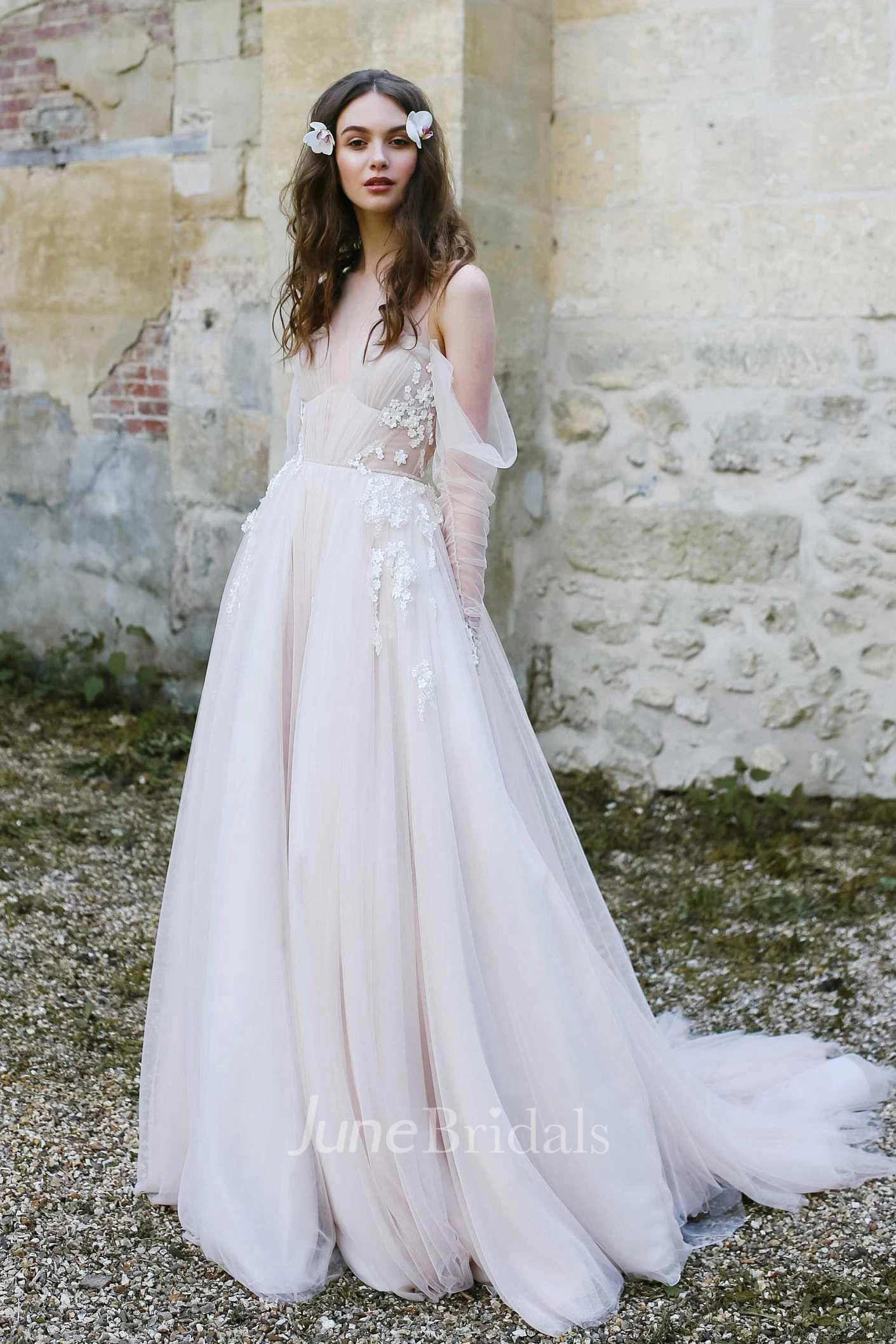 Off-The-Shoulder Tulle Illusion Sleeve Dress With Appliques And Sweep Train