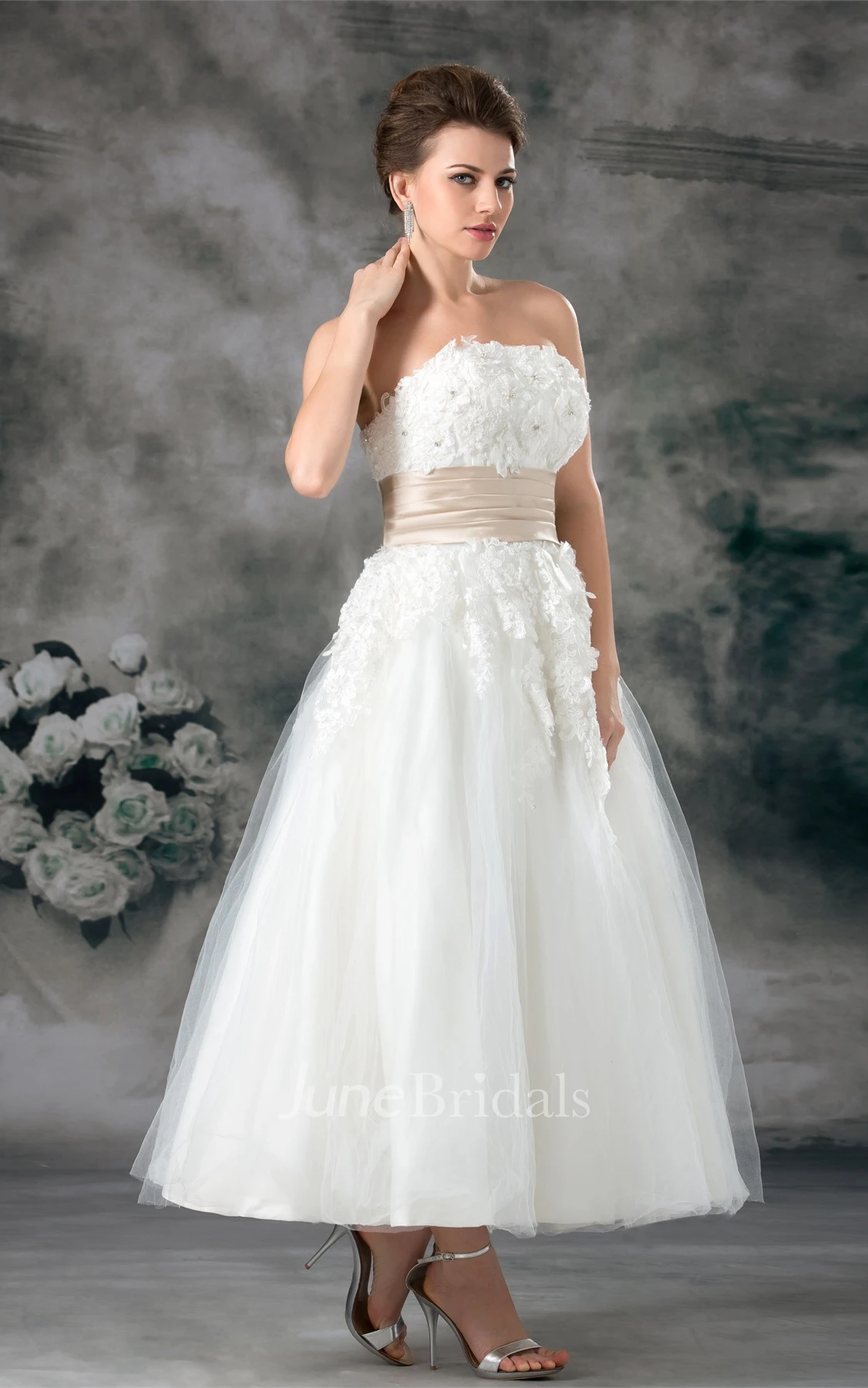 strapless a-line ankle-length gown with tulle overlay and appliques