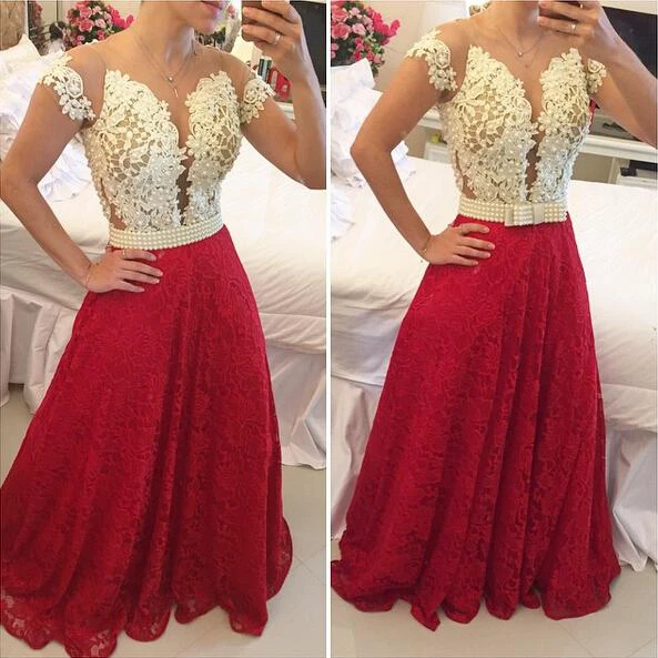 Sexy A-line Lace Appliques Prom Dress Pearls Cap Sleeve