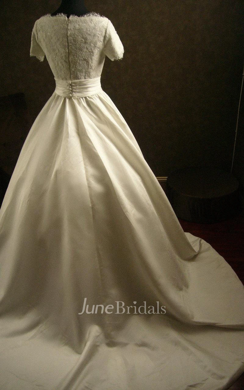 Hand Made V-Neck Satin Ball Gown With Gathered Skirt and Lace Bodice