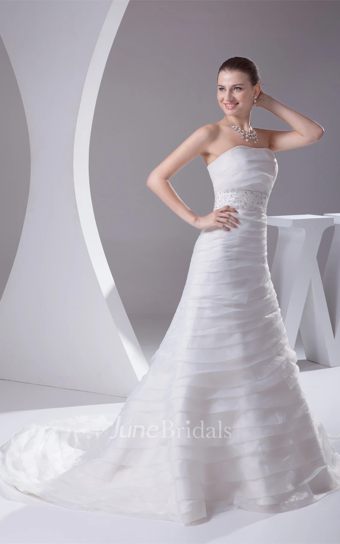 Strapless A-Line Dress with Overall Ruched Design and Gemmed Waist