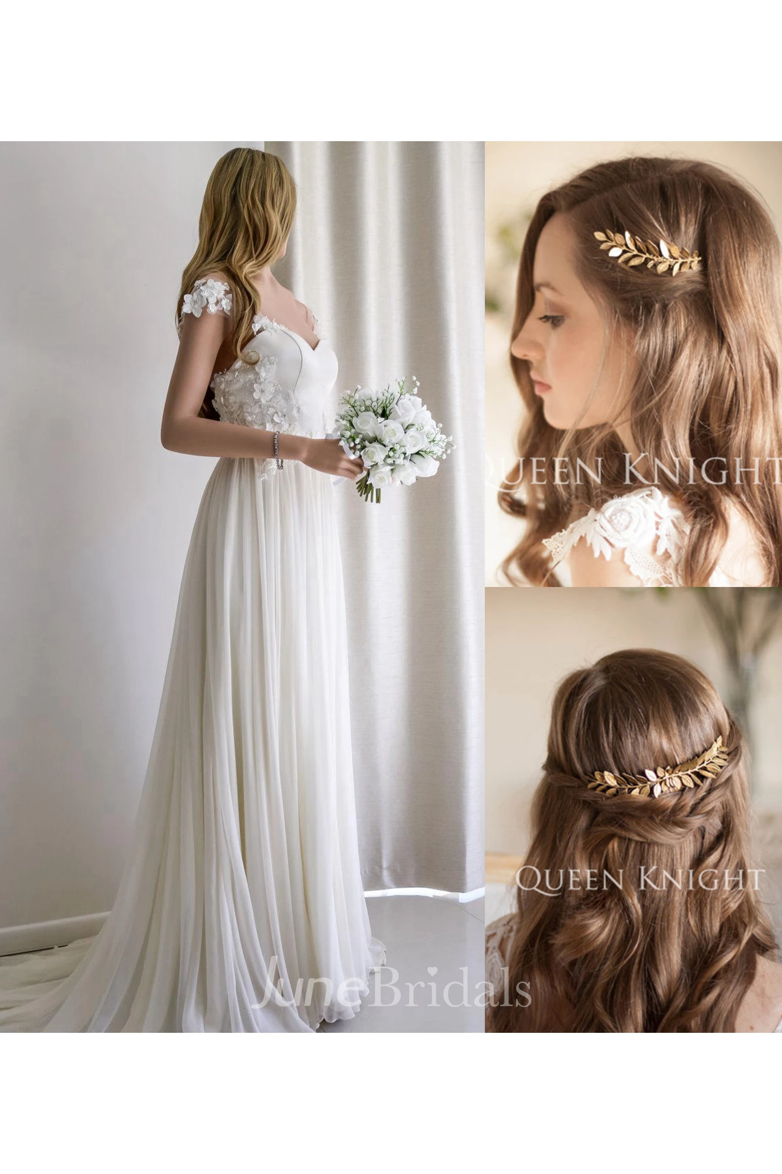 Sweetheart Chiffon Lace Weddig Dress With Beading and Vintage Western Style Style Golden Olive Leaf Hair Comb