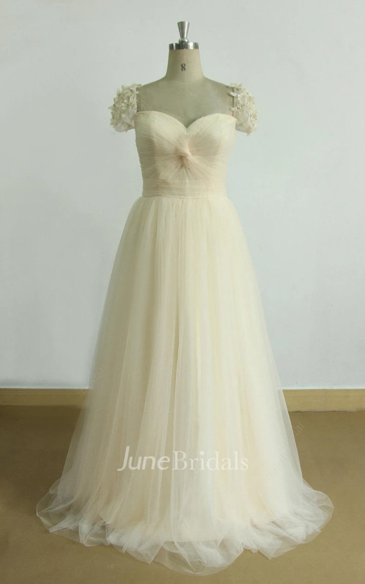 A-Line Cap Sleeve Tulle Weddig Dress