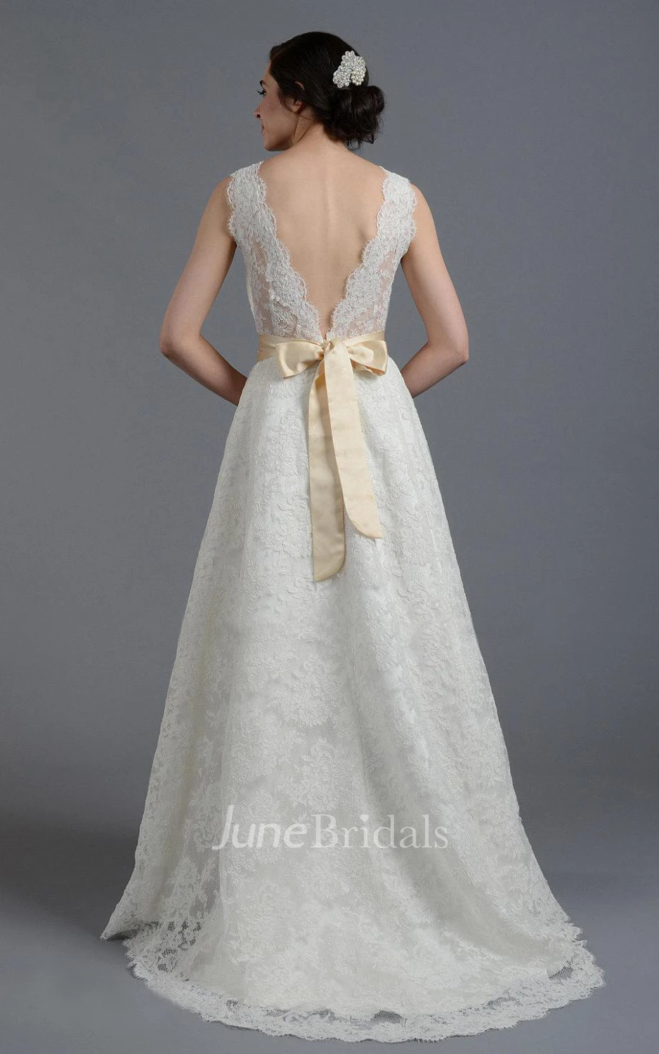 V-Neck Sleeveless Long A-Line Lace Dress With Beaded Belt