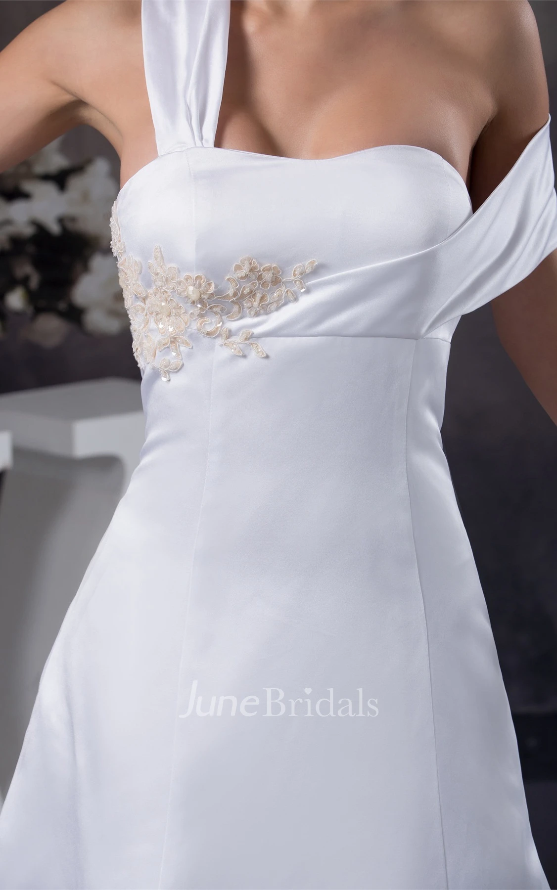 Satin Single-Strap A-Line Gown with Appliques and Court Train