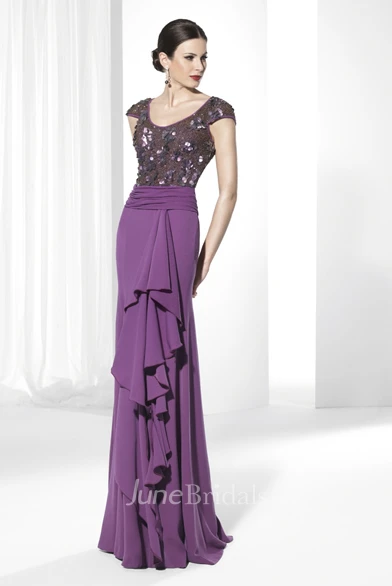 Mature Modest Sheath Short Cap Sleeve Sequined Jersey Prom Party Dress