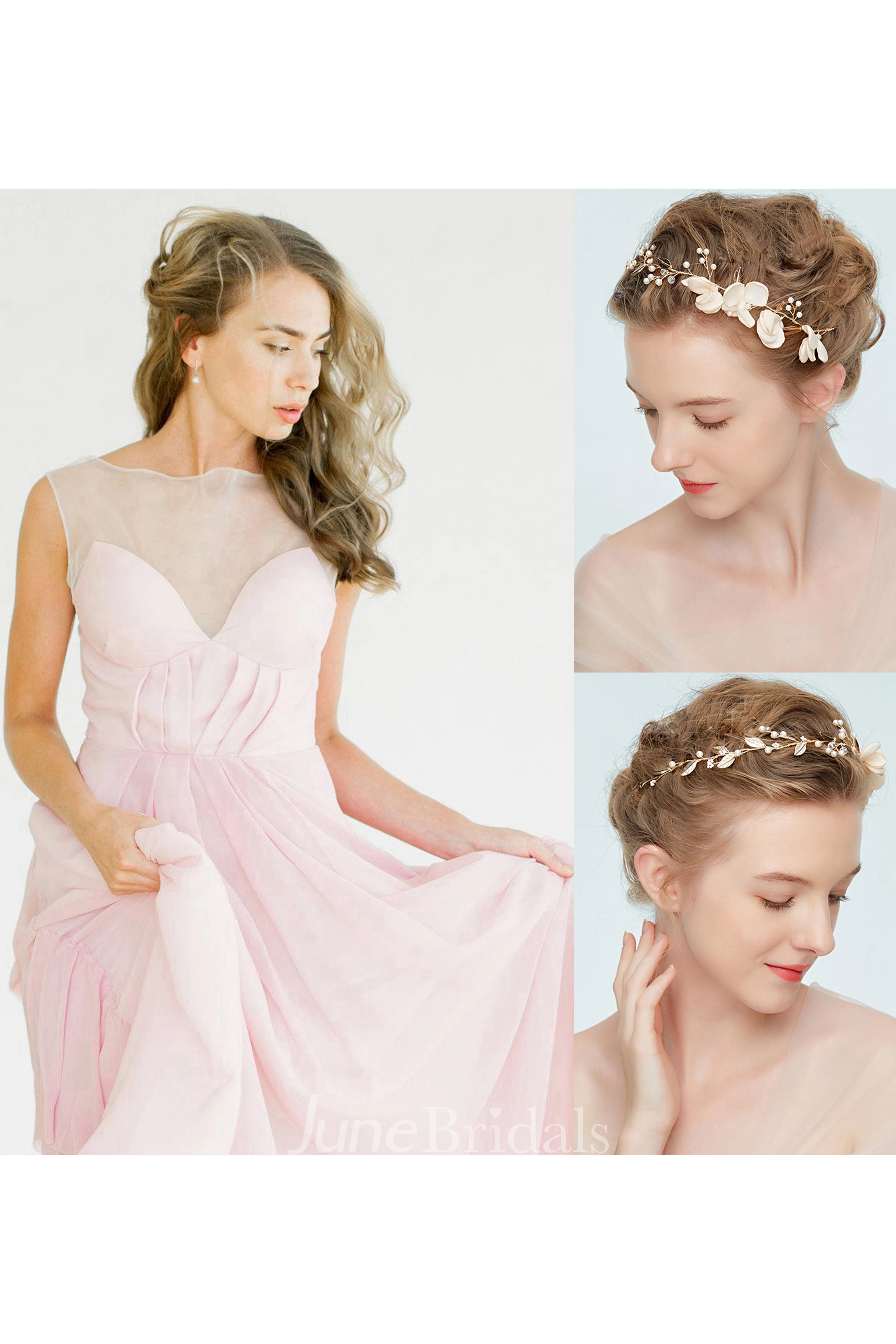 Pink Open Back Non Corset Wedding Riffles Dress and Handmade Baroque Hair Accessories Holiday Fresh Hair Band