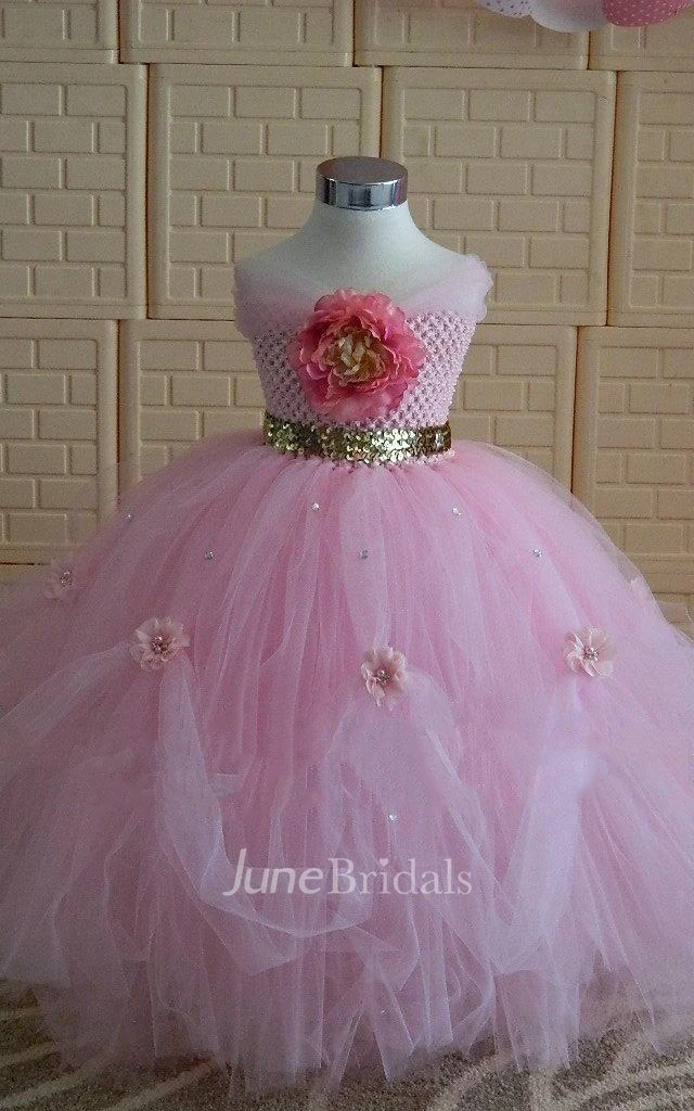 Sleeveless Beaded Tulle Dress With Flower and Pleats