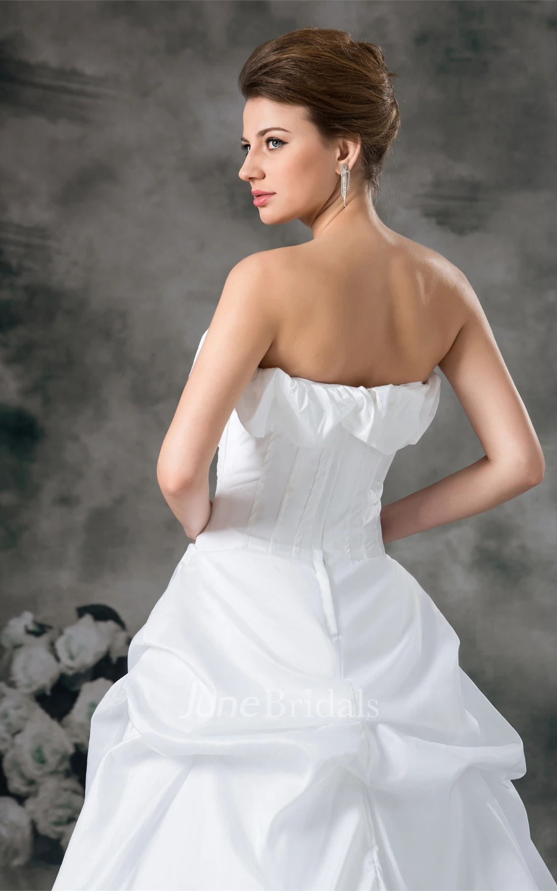 strapless maxi a-line gown with ruffles and pick up