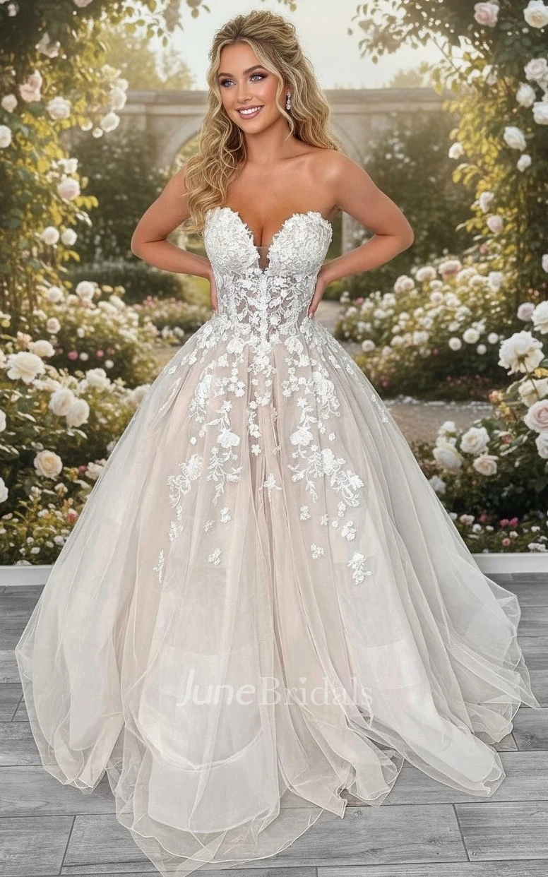 A-Line Sweetheart Lace Wedding Dress Sleeveless Tulle Ball Gown with Sheer Corset Top