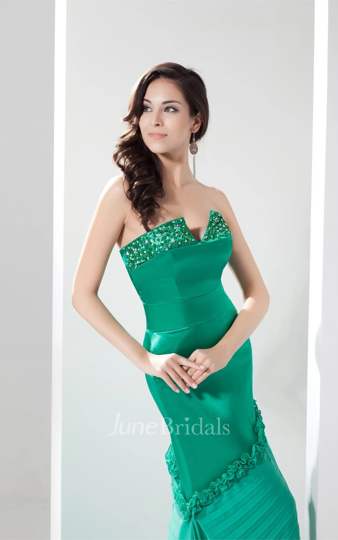 Strapless Notched Maxi Dress with Ruffles and Beading