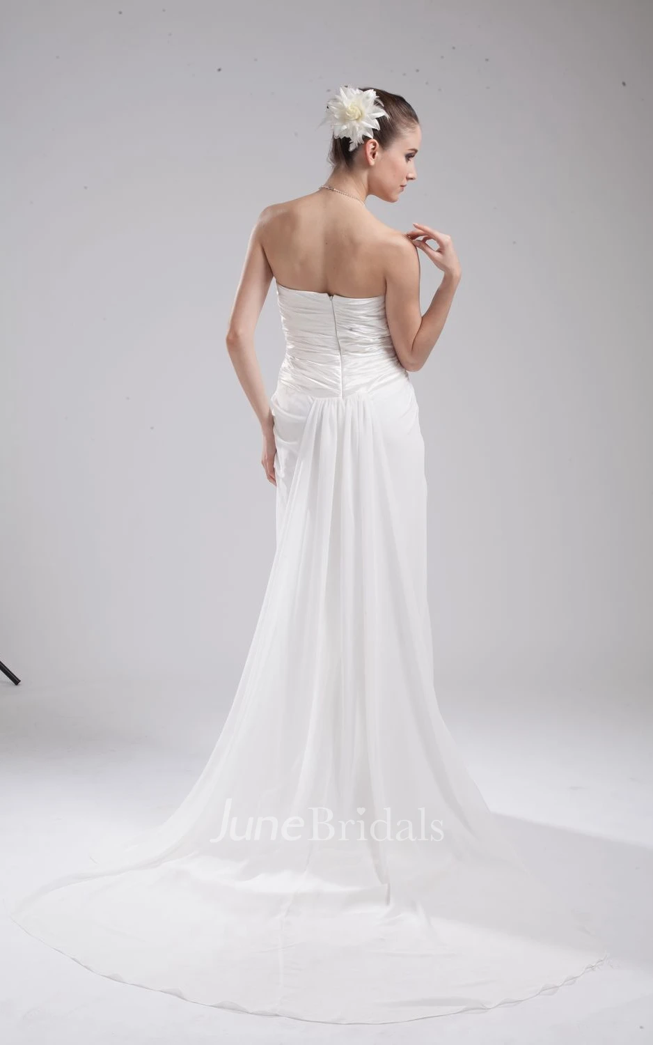 Strapless Notched Pleated Dress With Ruching and Brush Train