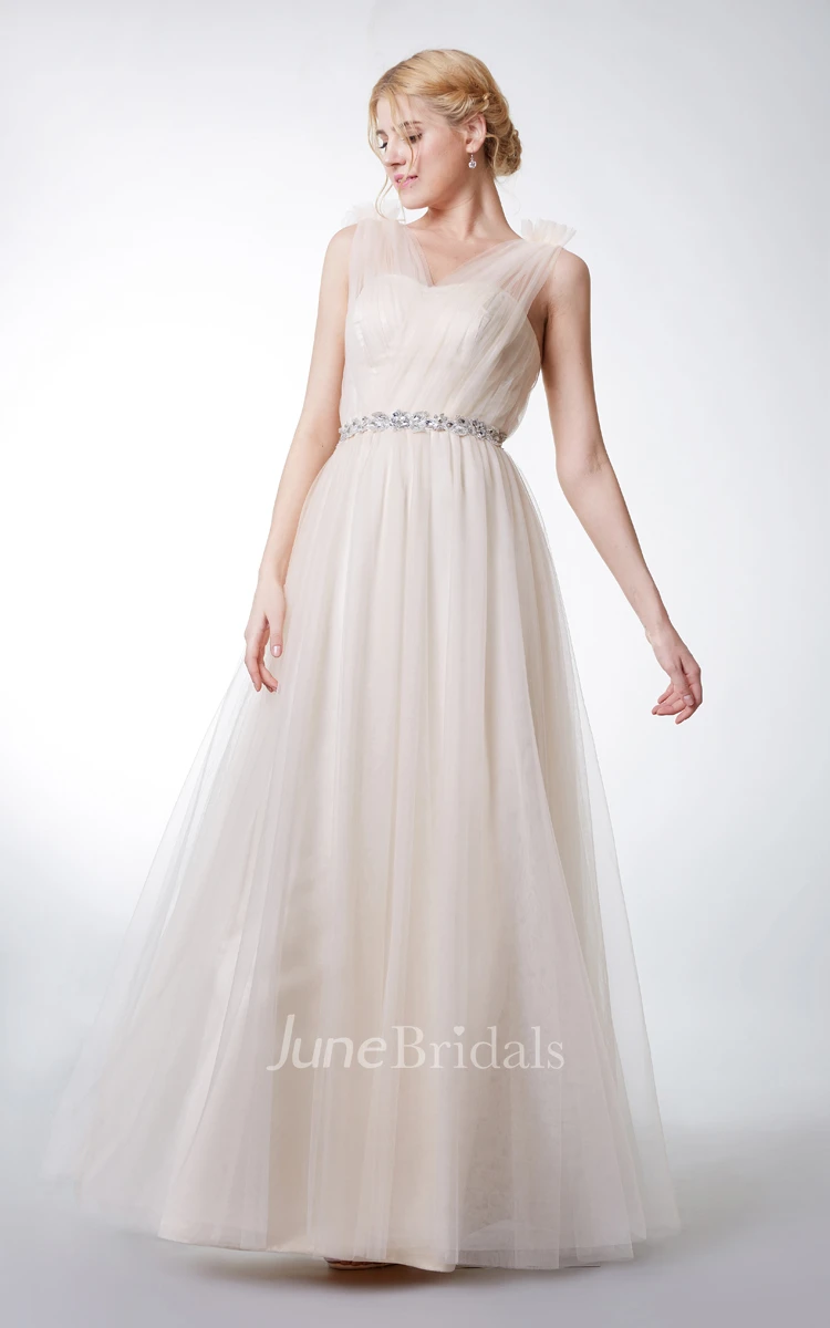 Floral Strap V-neck Tulle Gown With Ruching