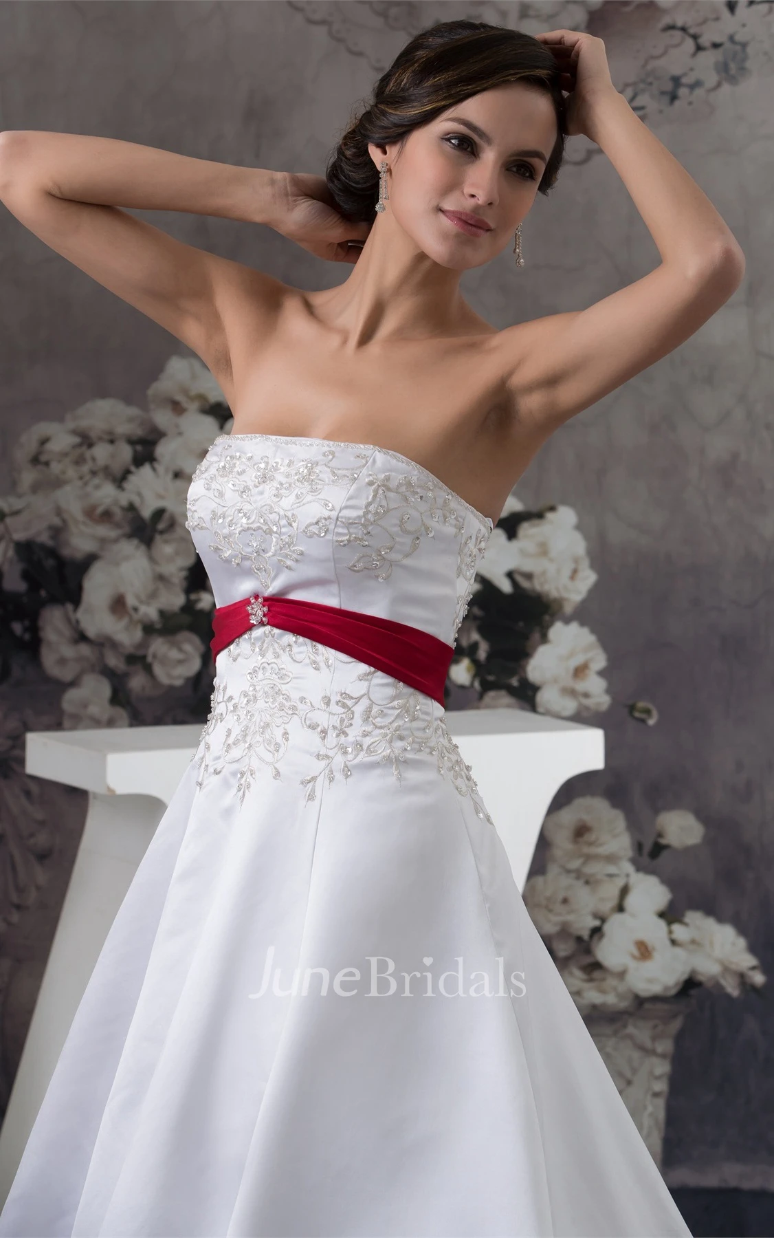 A-Line Satin Ball Gown with Embroideries and Broach