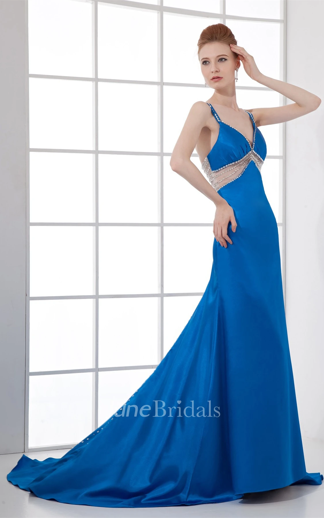 Glossy Sleeveless Maxi Dress with Beading and Illusion