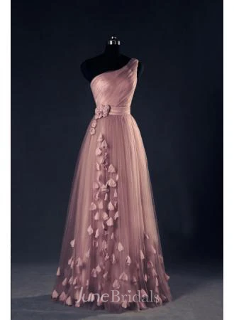 One Shoulder a Line EveningDresses Flower Appliques Lace-up Elegant Prom Gowns