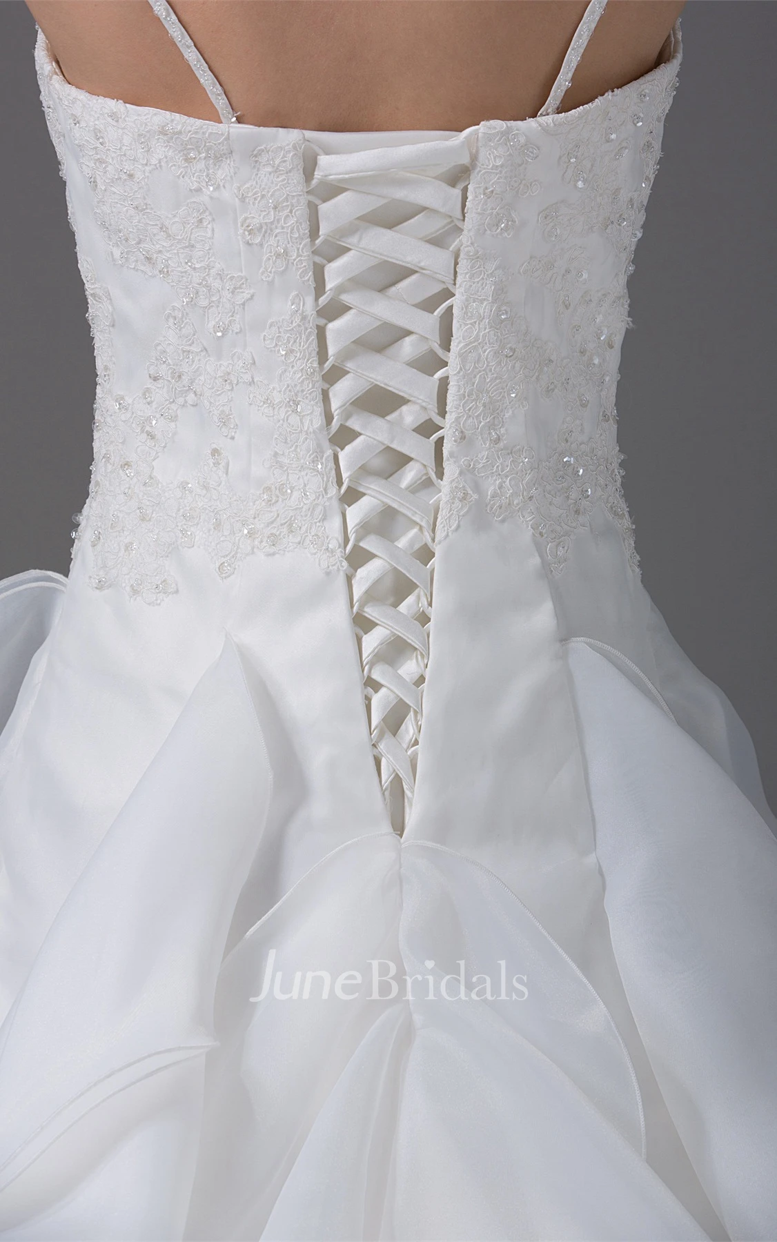 Appliqued Ruffled A-Line Gown with Spaghetti-Straps and Corset Back