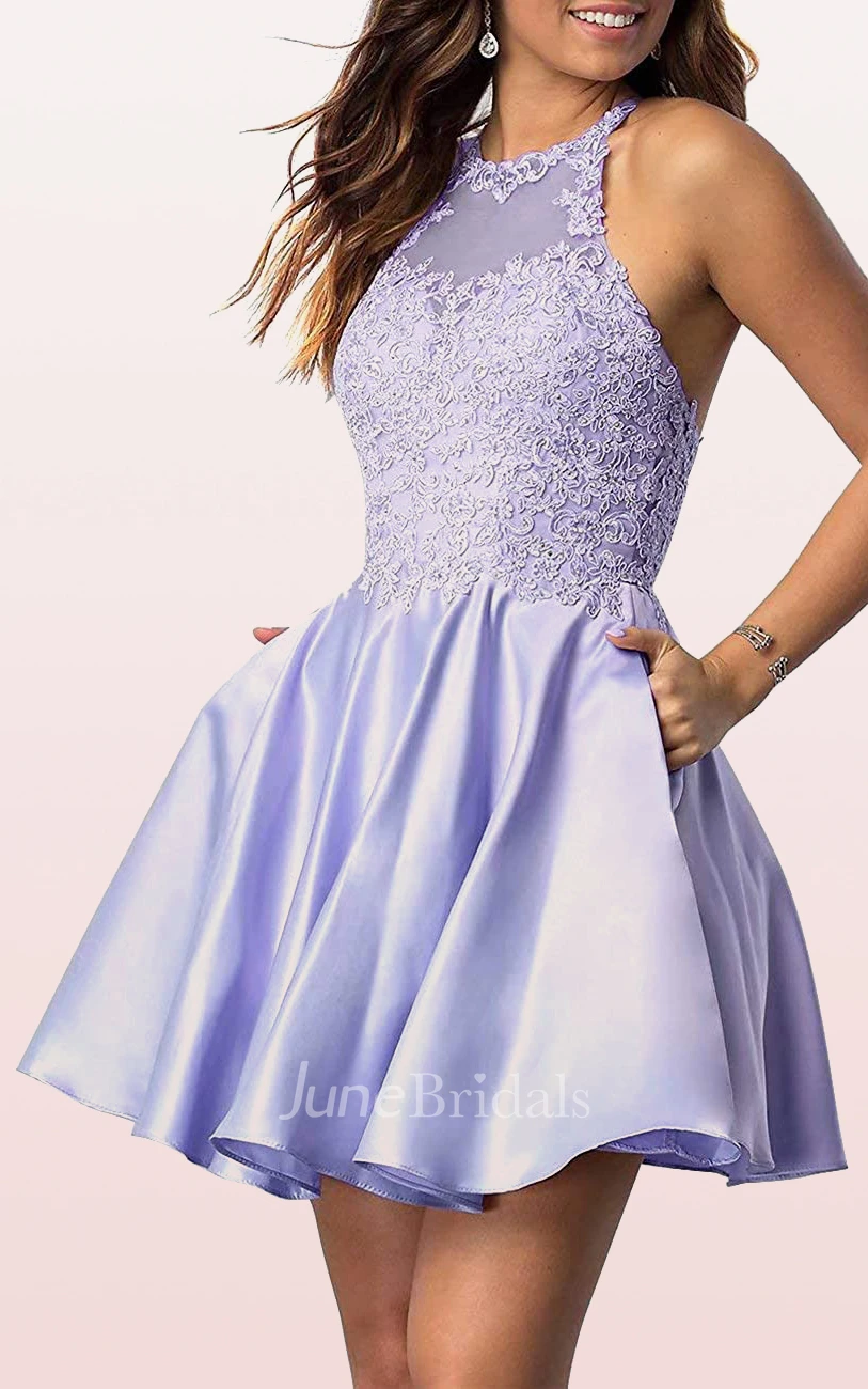 Sexy A Line Satin Lace Jewel Sleeveless Homecoming Dress with Appliques